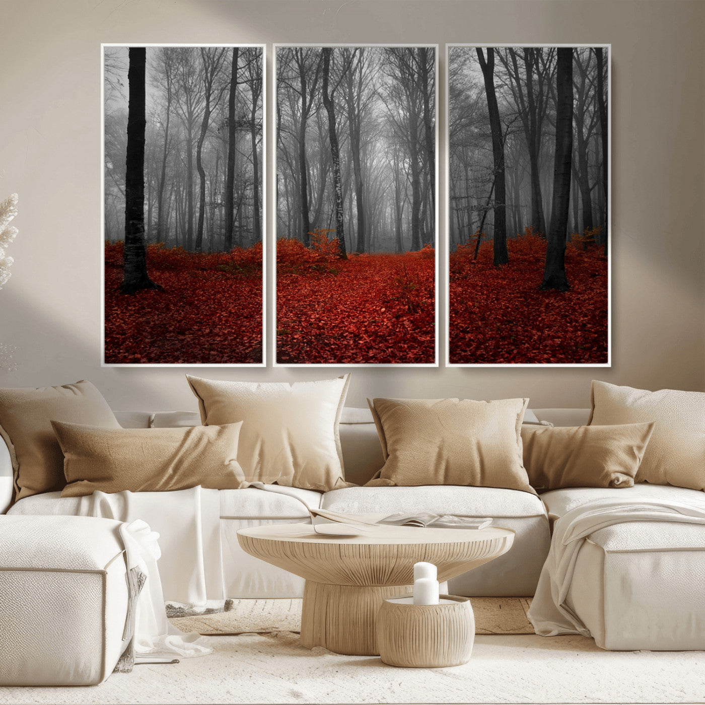 Red Forest Floor Canvas Wall Art – Mystical Foggy Woodland