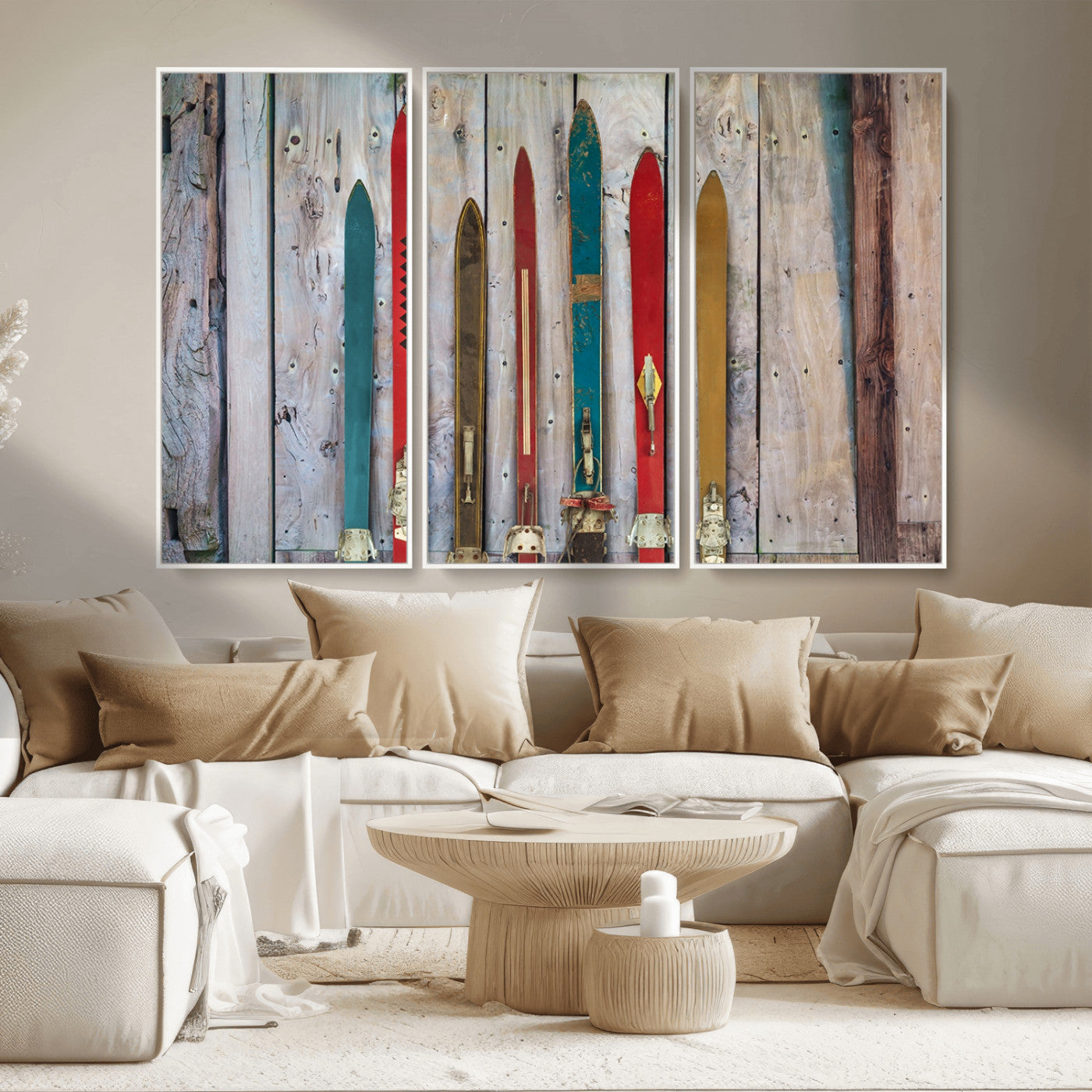 Vintage Wooden Weathered Ski's in Front of an Old Barn Wall
