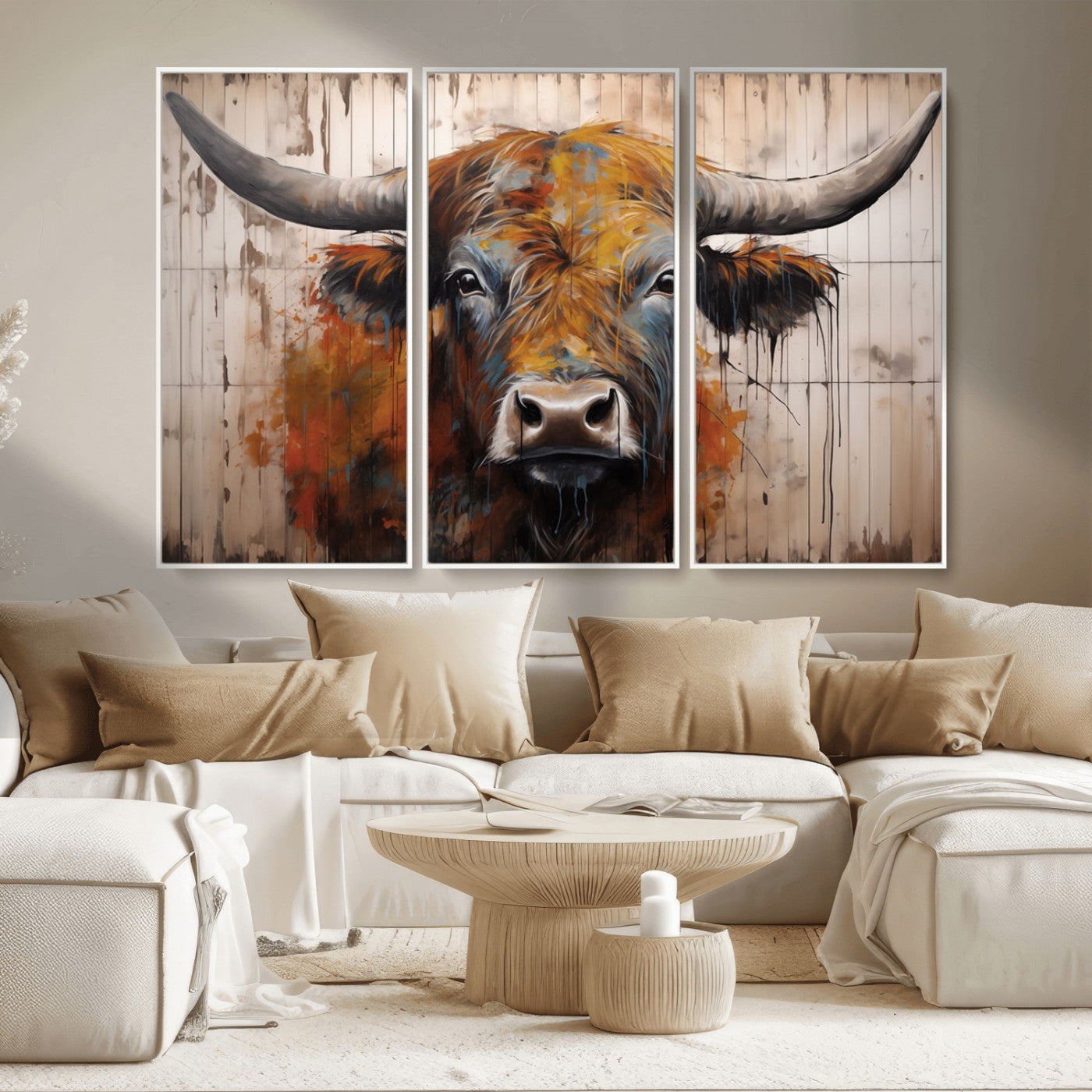 Scottish Highland Cow Cattle Art Print on Wood Style