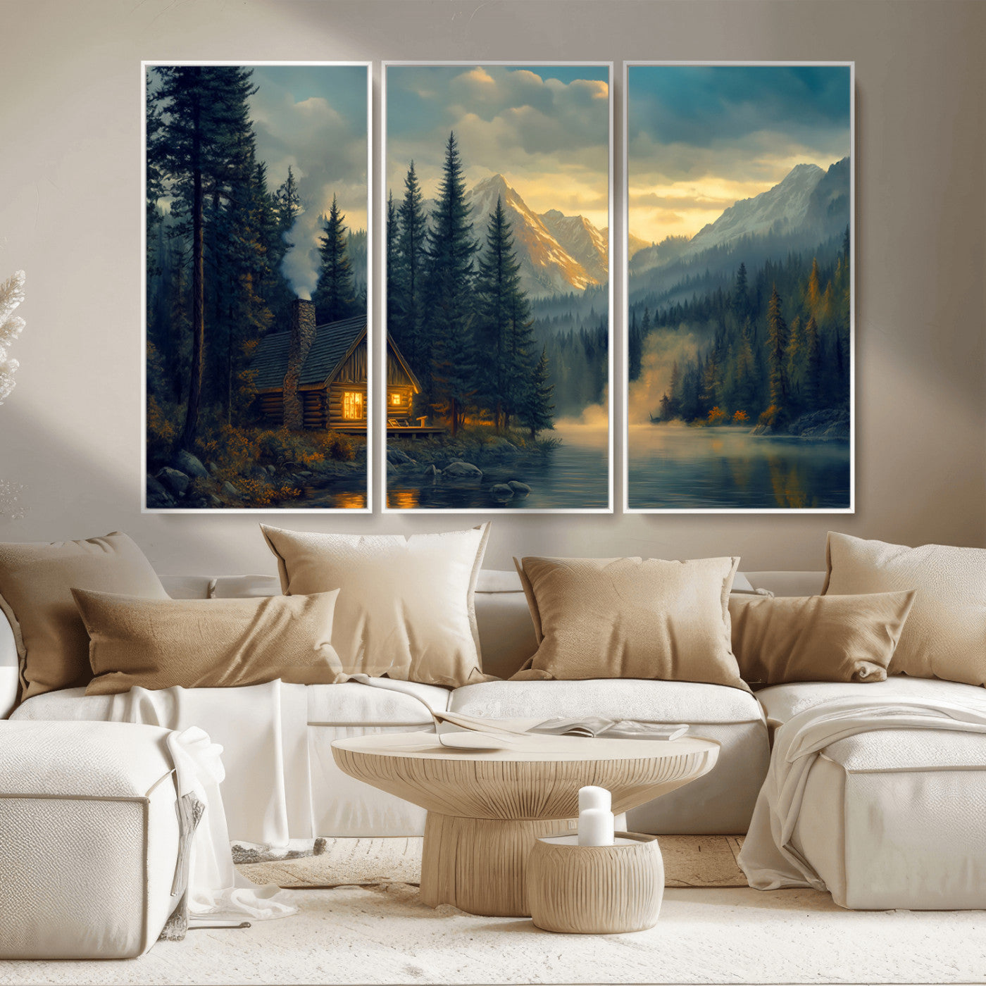 Mountain Cabin by the Lake at Sunset Wall Art - Serene