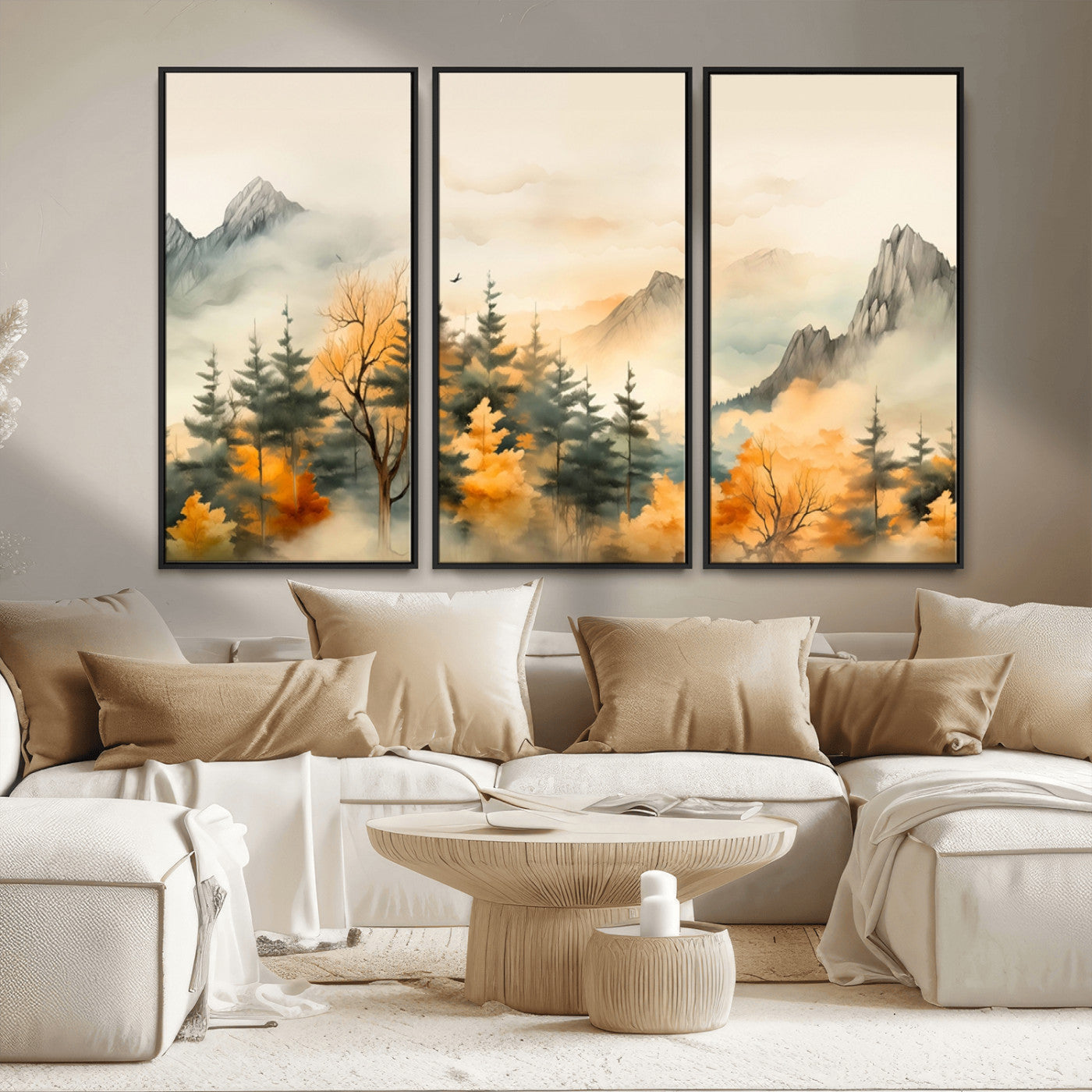 Abstract Watercolor Mountains and Trees Autumn Art,