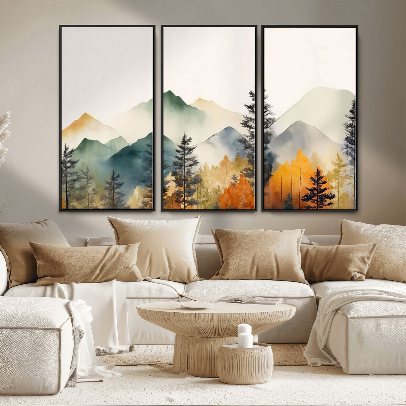 Abstract Watercolor Mountains and Trees Autumn Wall Art,