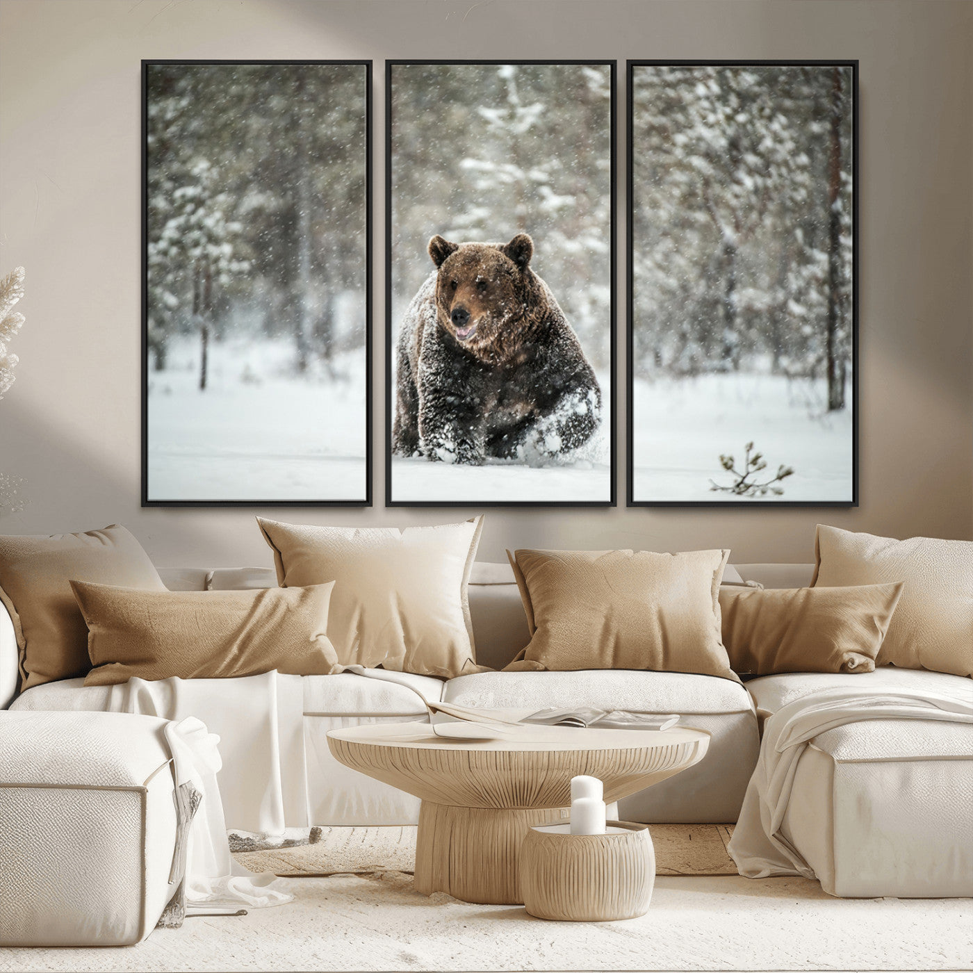 Grizzly Bear Wall Art – Framed Snowy Forest Canvas Artwork,