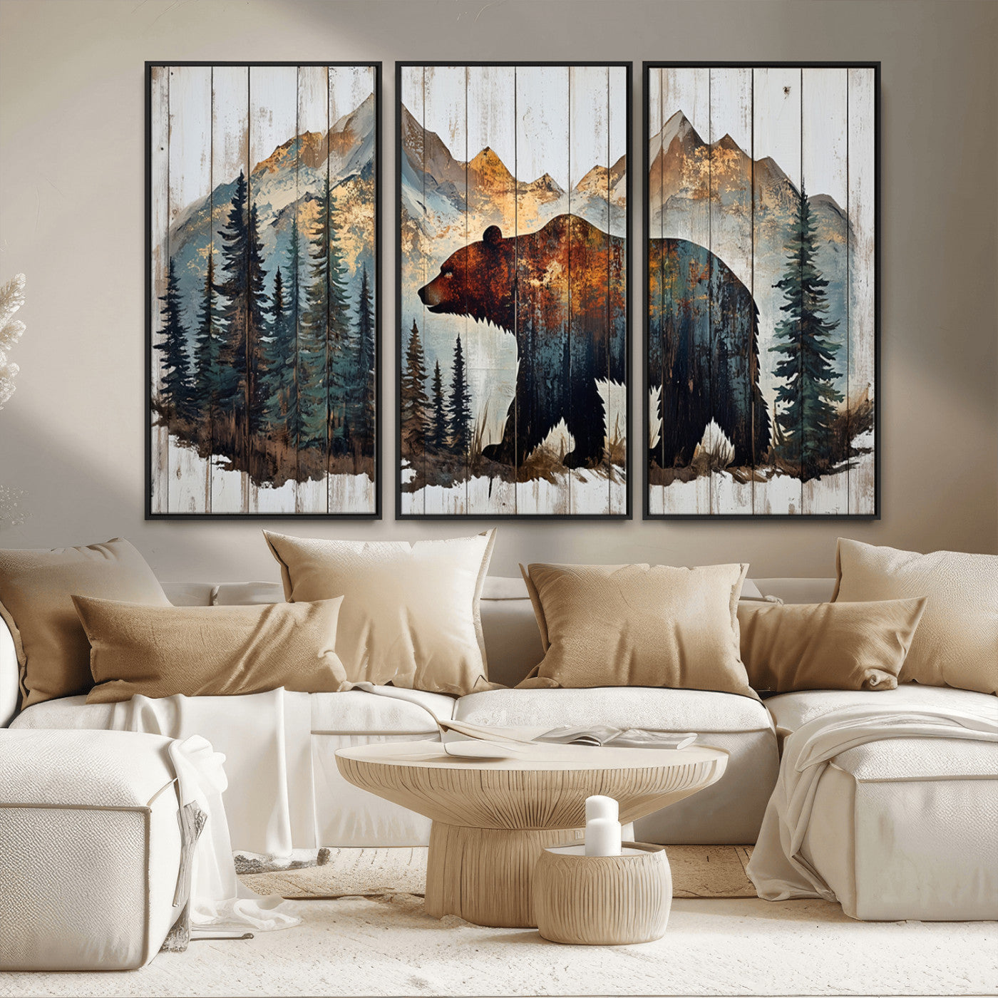Rustic Grizzly 399 Bear and Mountain Wood Canvas Wall Art -