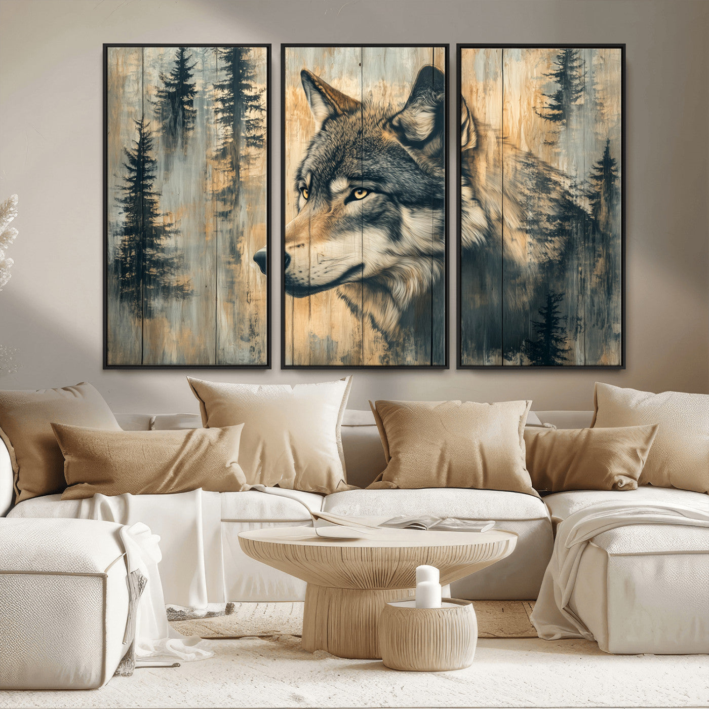 Wood Style Rustic Wolf Wall Art Canvas Print, Vintage