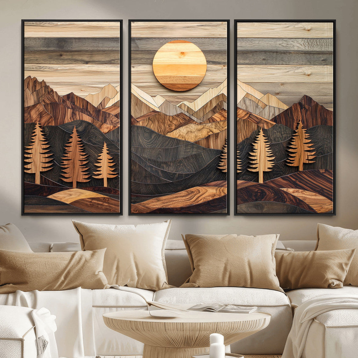 Wooden Mountain Layers Art – Rustic Pine Tree Landscape