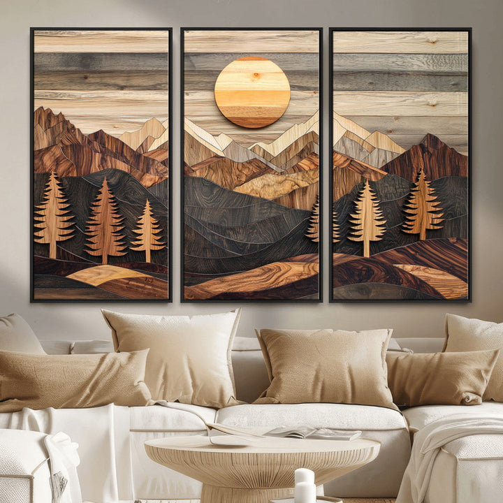 Wooden Mountain Layers Art – Rustic Pine Tree Landscape