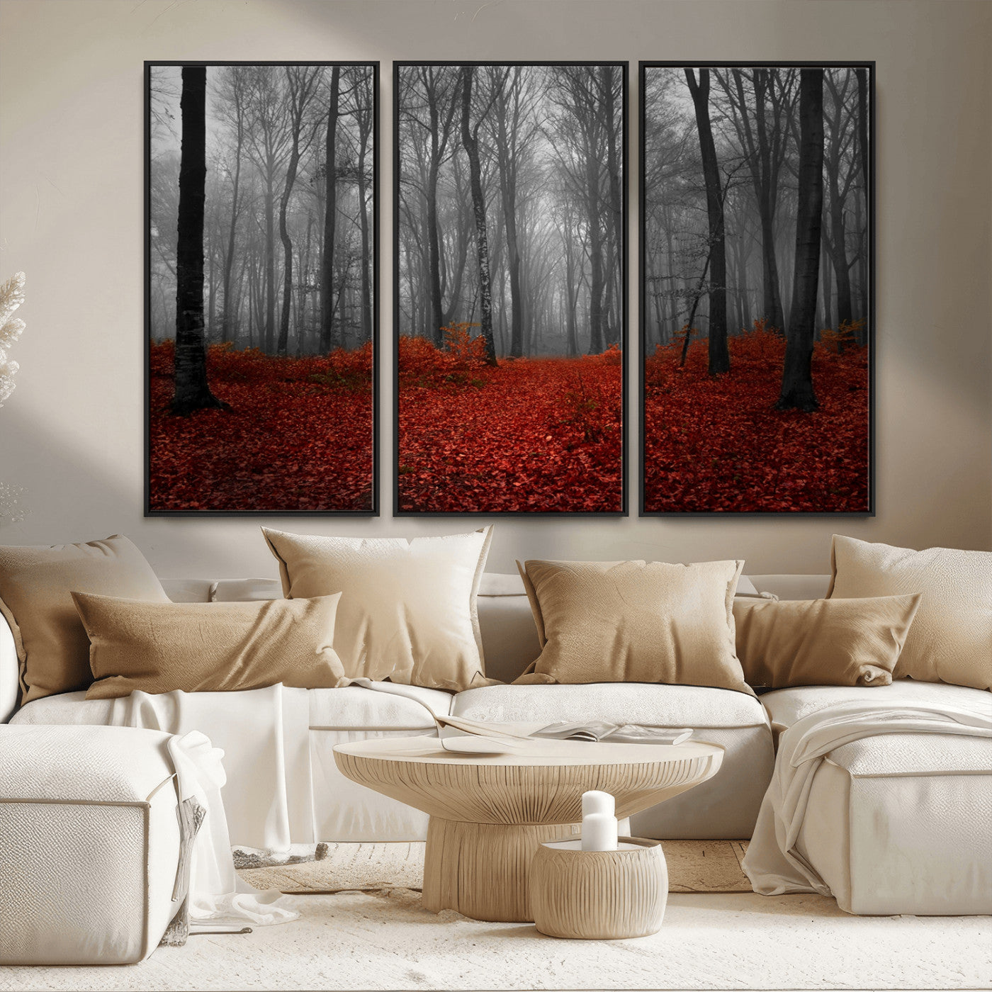 Red Forest Floor Canvas Wall Art – Mystical Foggy Woodland
