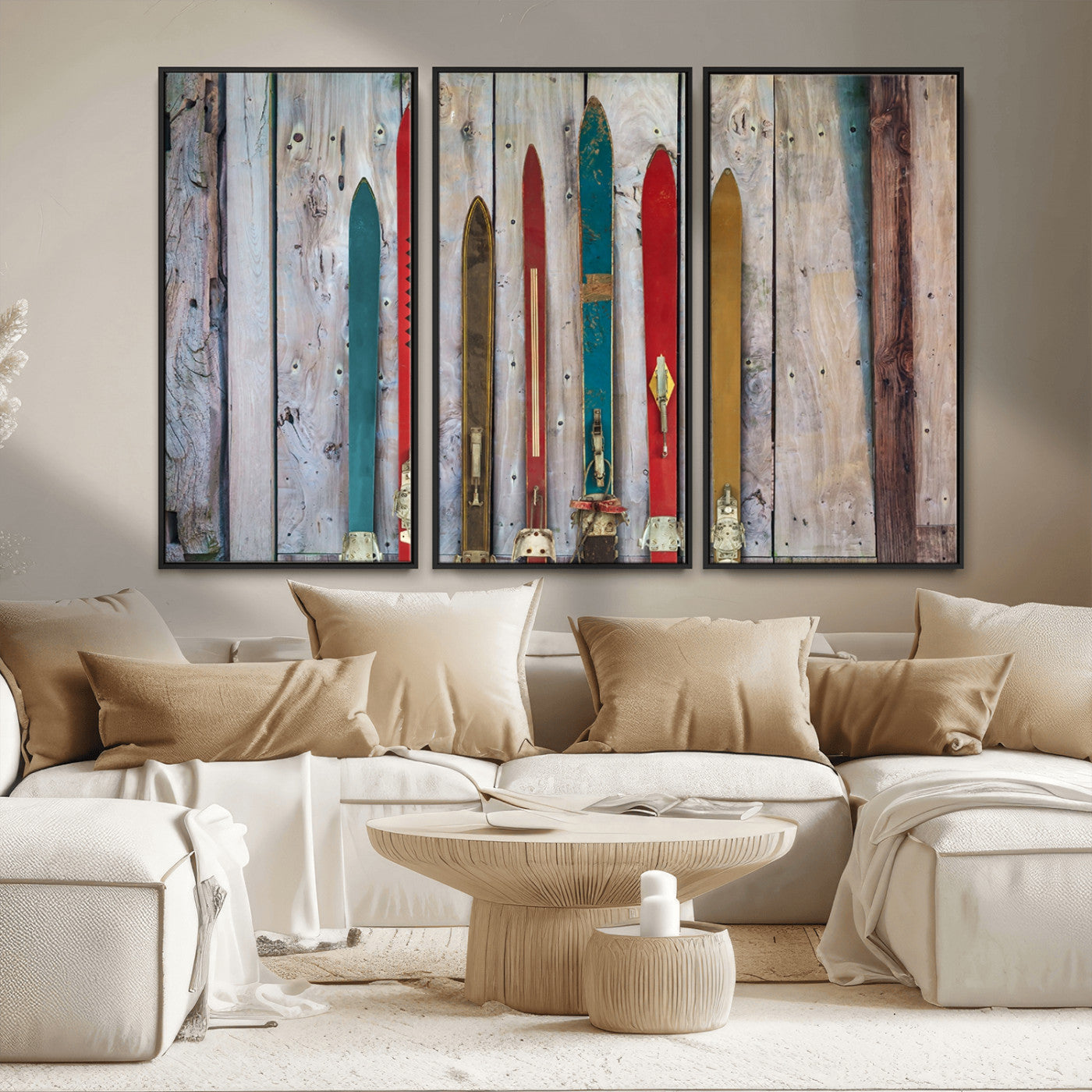 Vintage Wooden Weathered Ski's in Front of an Old Barn Wall