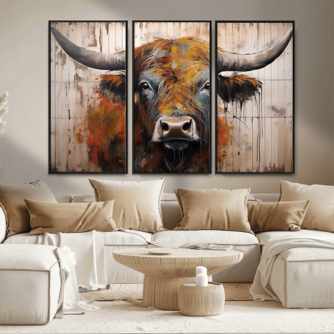Scottish Highland Cow Cattle Art Print on Wood Style