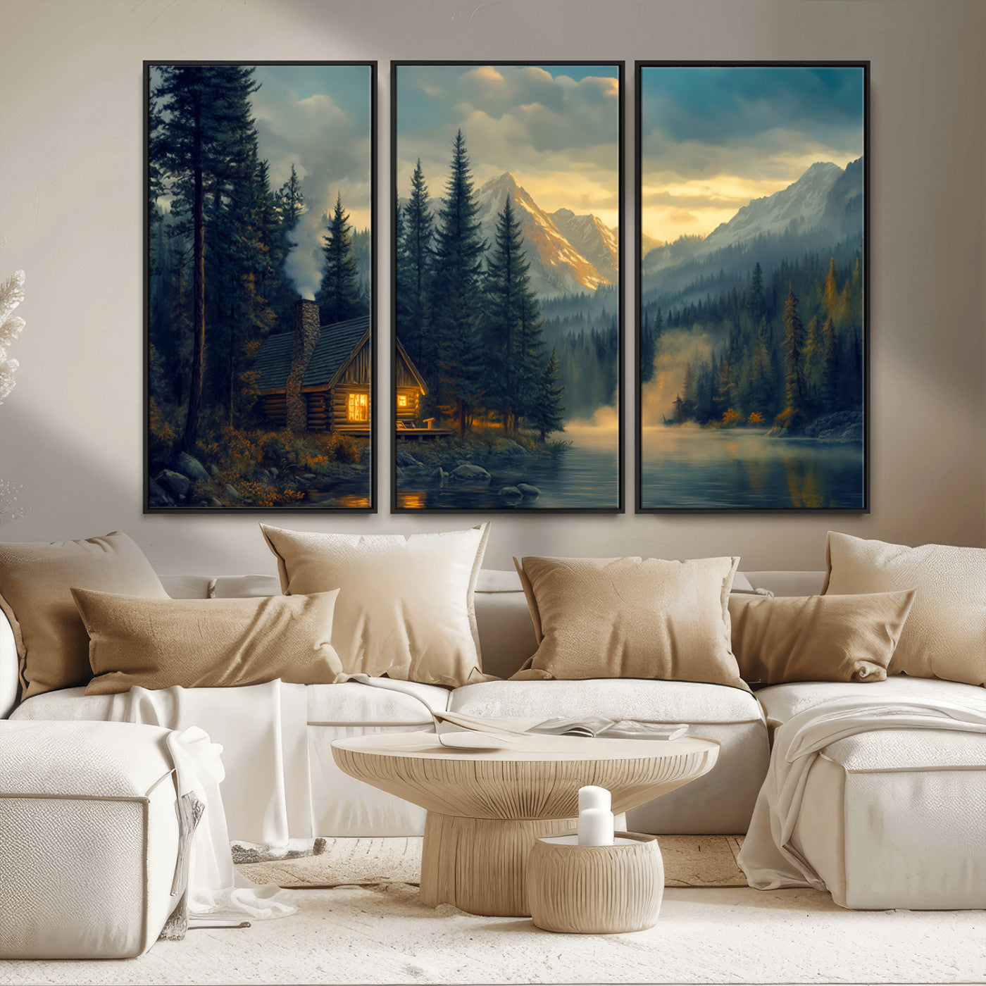 Mountain Cabin by the Lake at Sunset Wall Art - Serene
