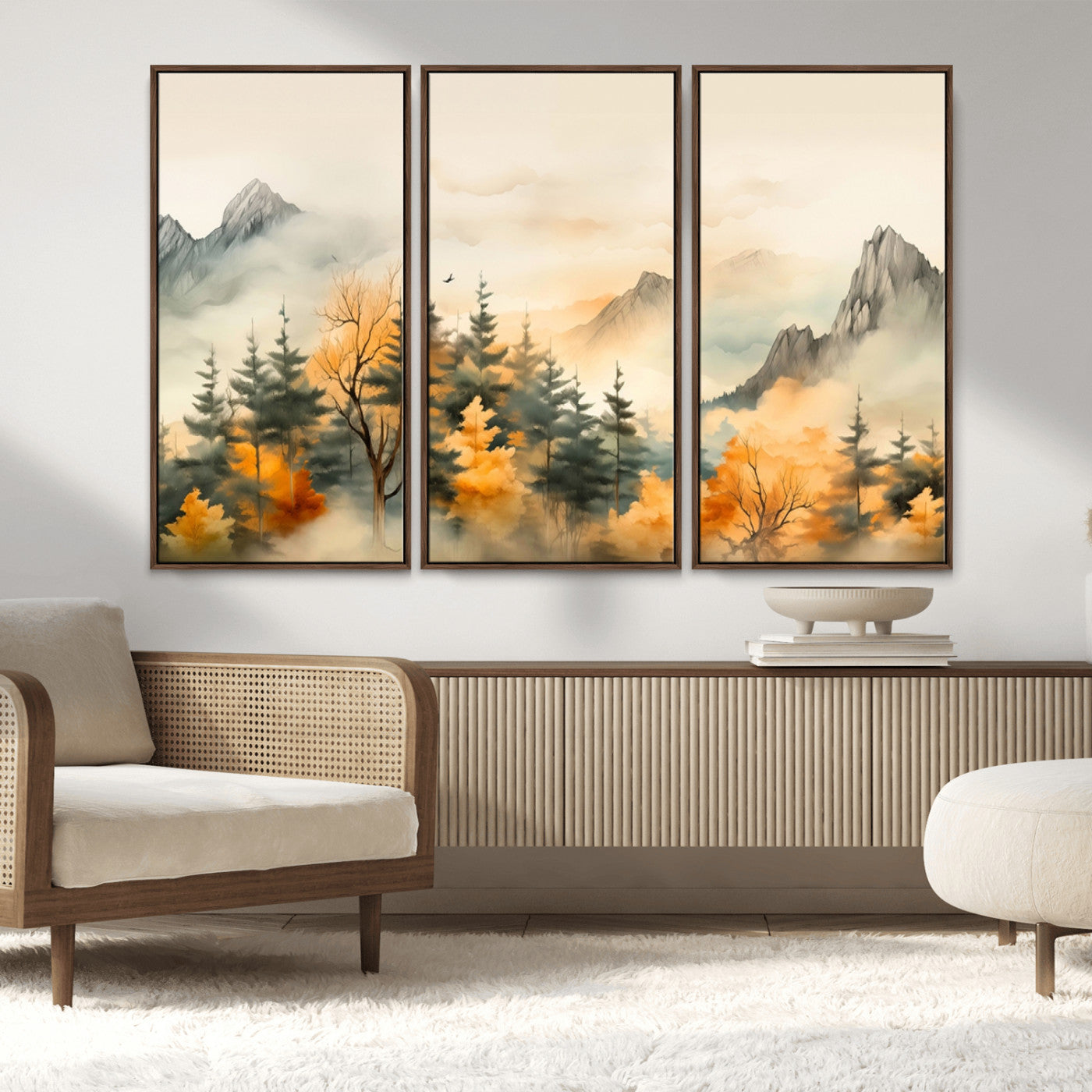Abstract Watercolor Mountains and Trees Autumn Art,
