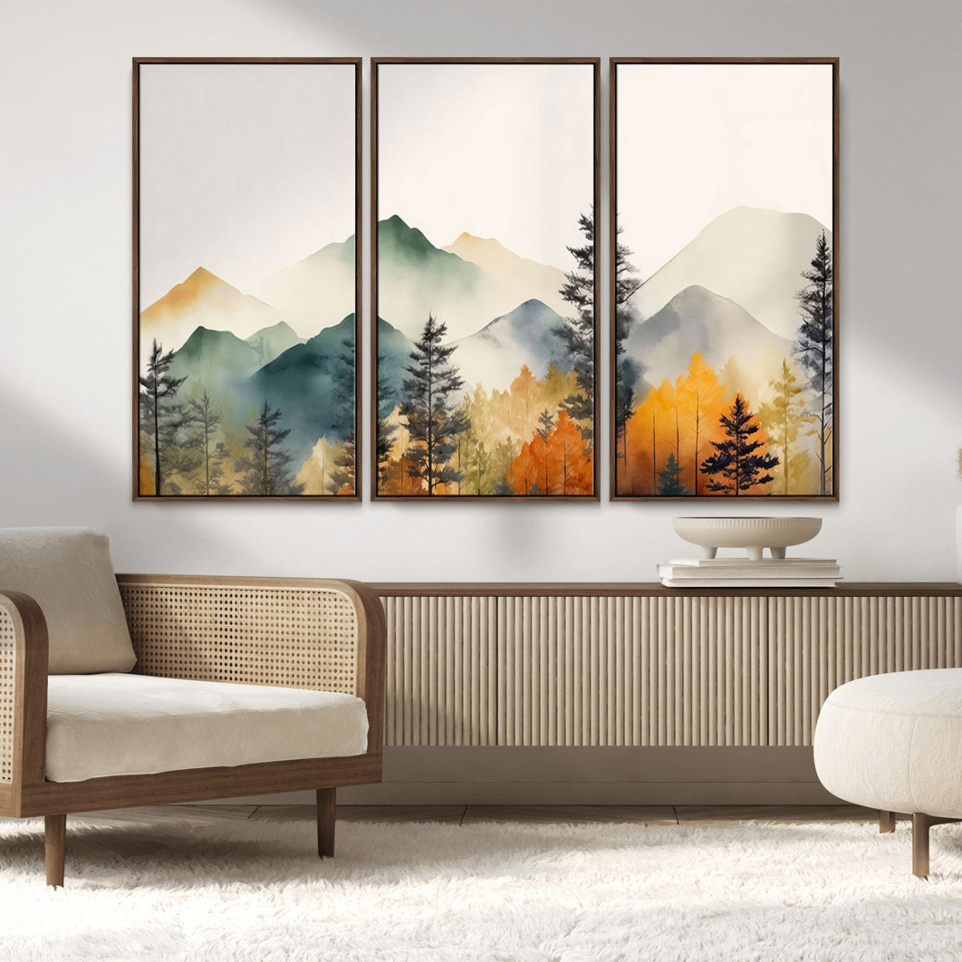 Abstract Watercolor Mountains and Trees Autumn Wall Art,