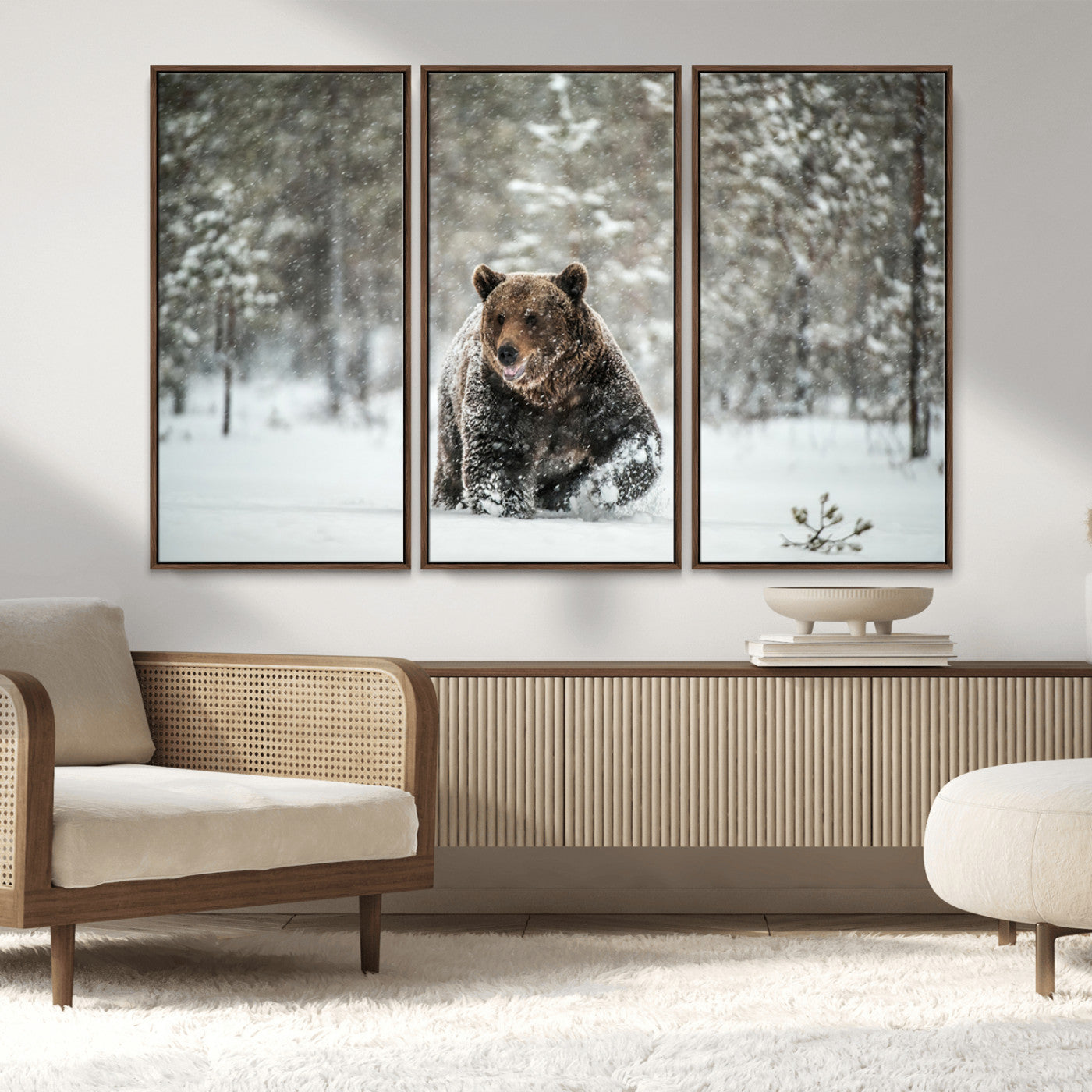 Grizzly Bear Wall Art – Framed Snowy Forest Canvas Artwork,