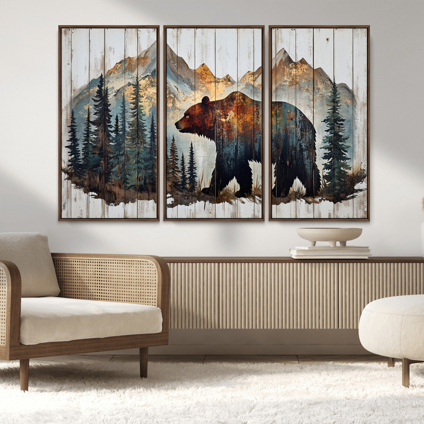 Rustic Grizzly 399 Bear and Mountain Wood Canvas Wall Art -
