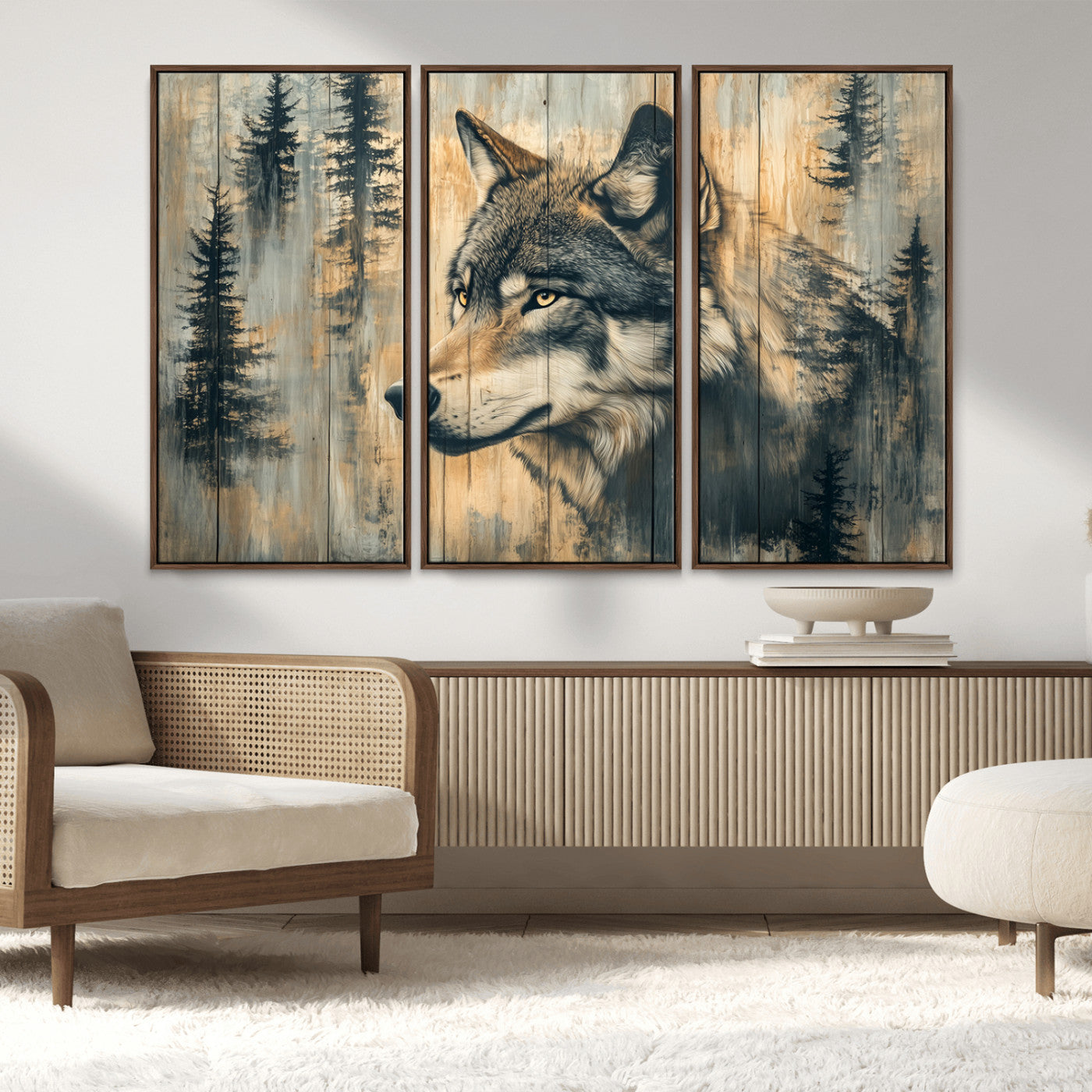 Wood Style Rustic Wolf Wall Art Canvas Print, Vintage