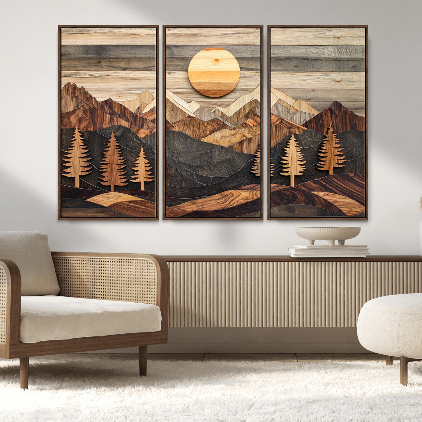 Wooden Mountain Layers Art – Rustic Pine Tree Landscape