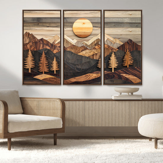 Wooden Mountain Layers Art – Rustic Pine Tree Landscape
