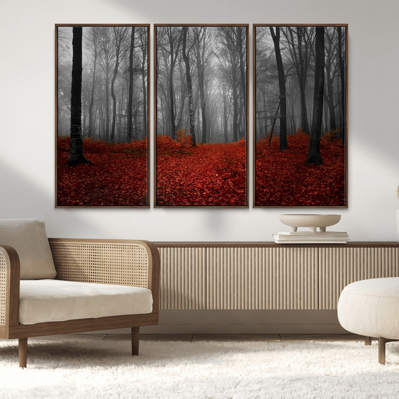 Red Forest Floor Canvas Wall Art – Mystical Foggy Woodland