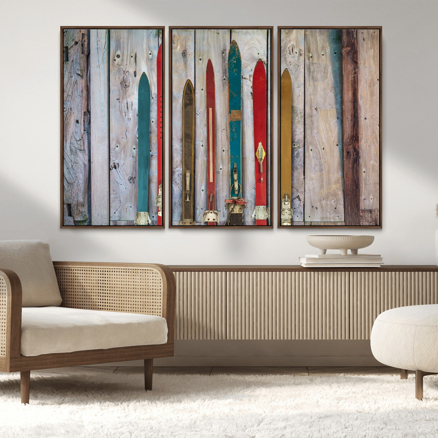 Vintage Wooden Weathered Ski's in Front of an Old Barn Wall