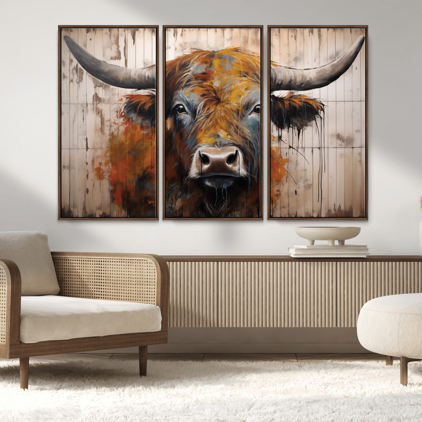 Scottish Highland Cow Cattle Art Print on Wood Style