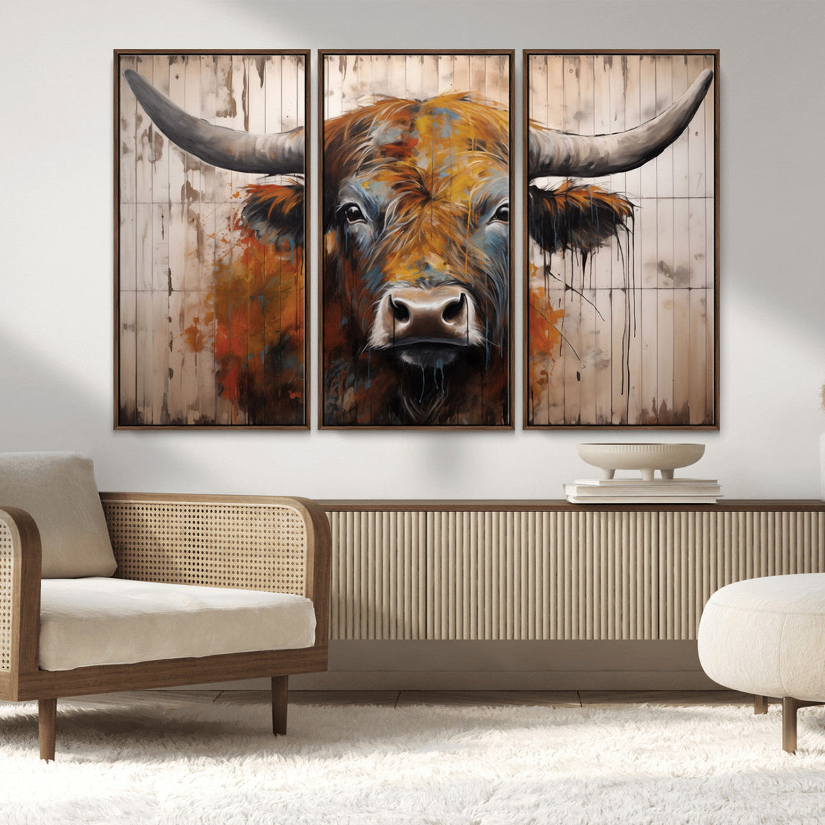 Scottish Highland Cow Cattle Art Print on Wood Style
