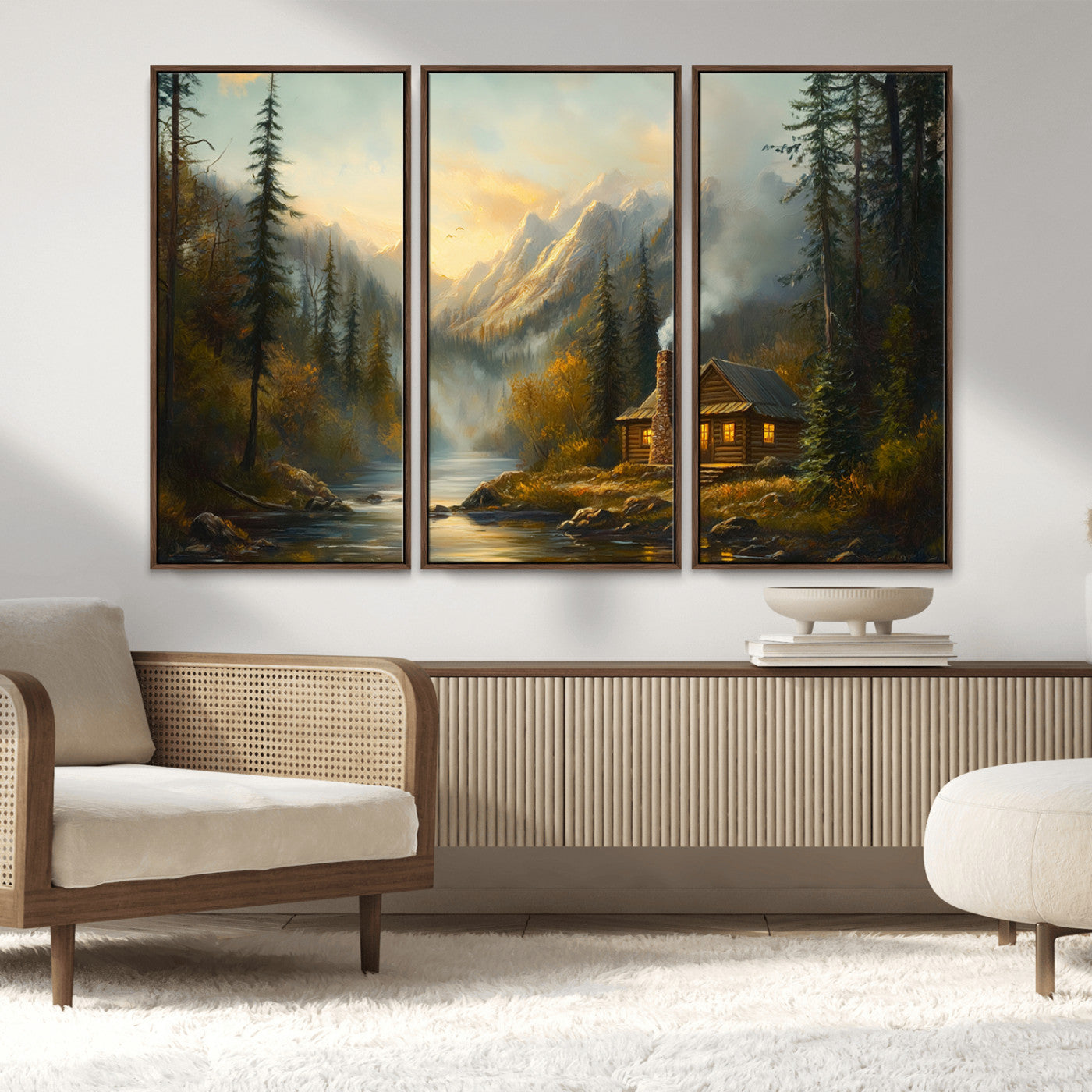Wood Cabin Retreat Mountain at Sunset Wall Art Print -