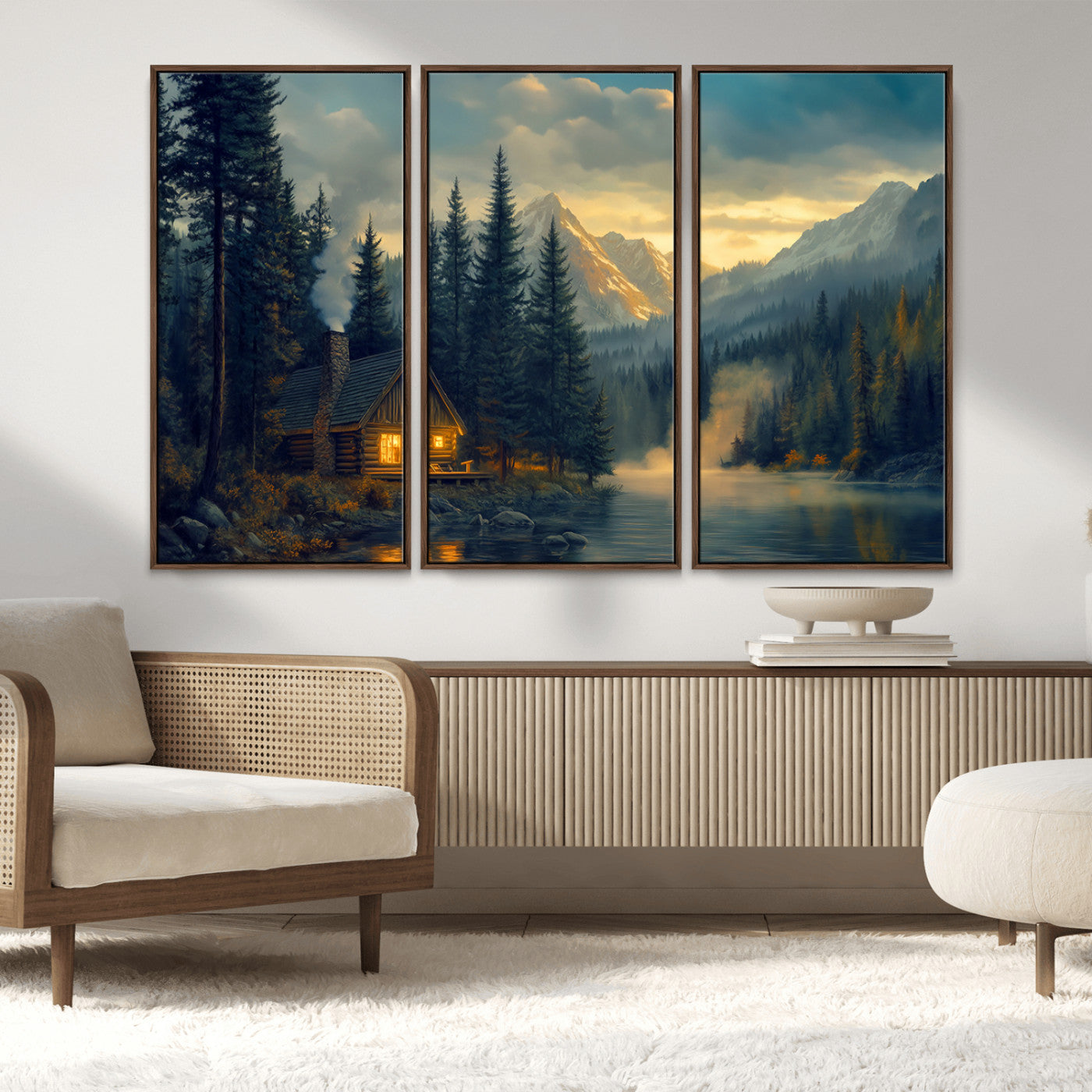 Mountain Cabin by the Lake at Sunset Wall Art - Serene