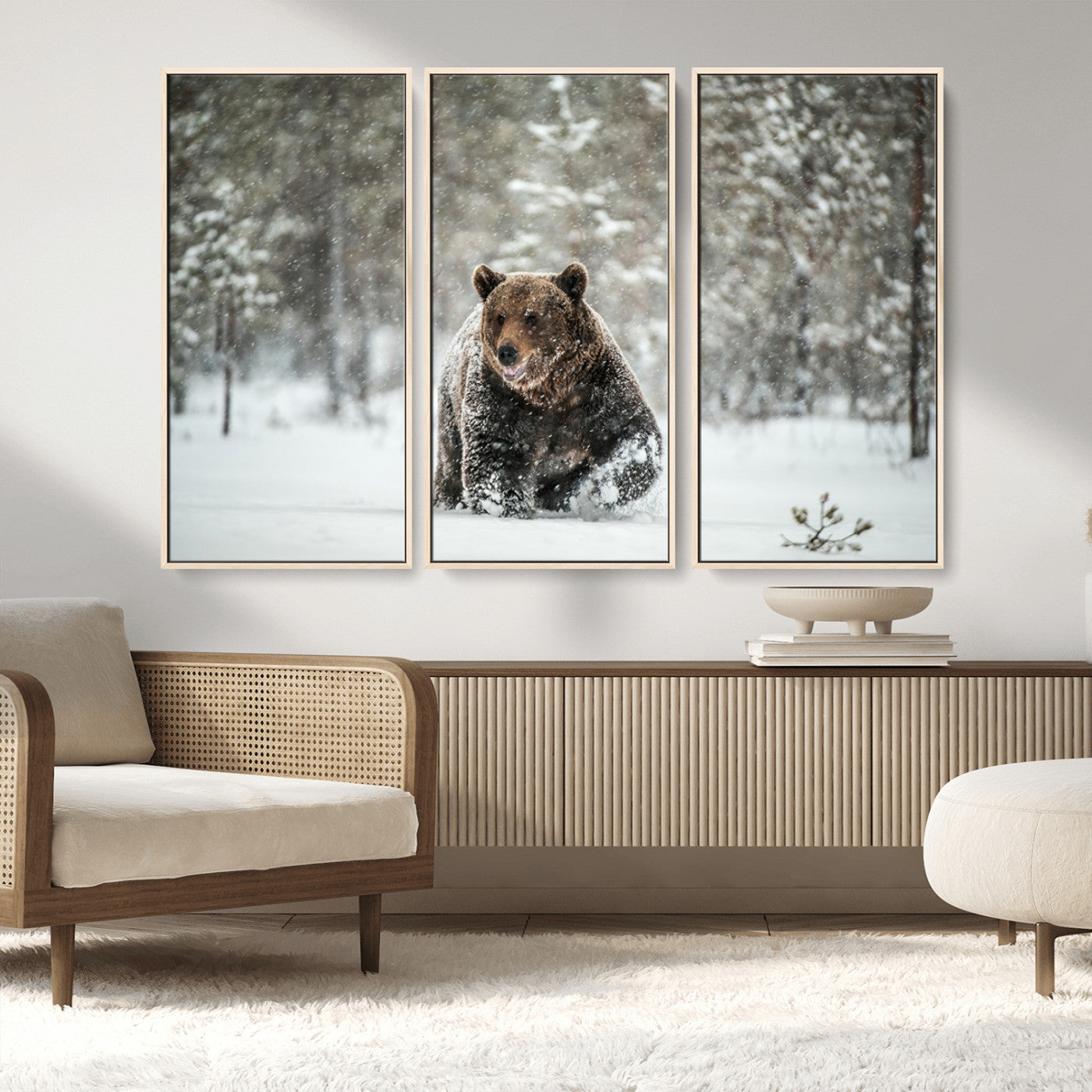 Grizzly Bear Wall Art – Framed Snowy Forest Canvas Artwork,