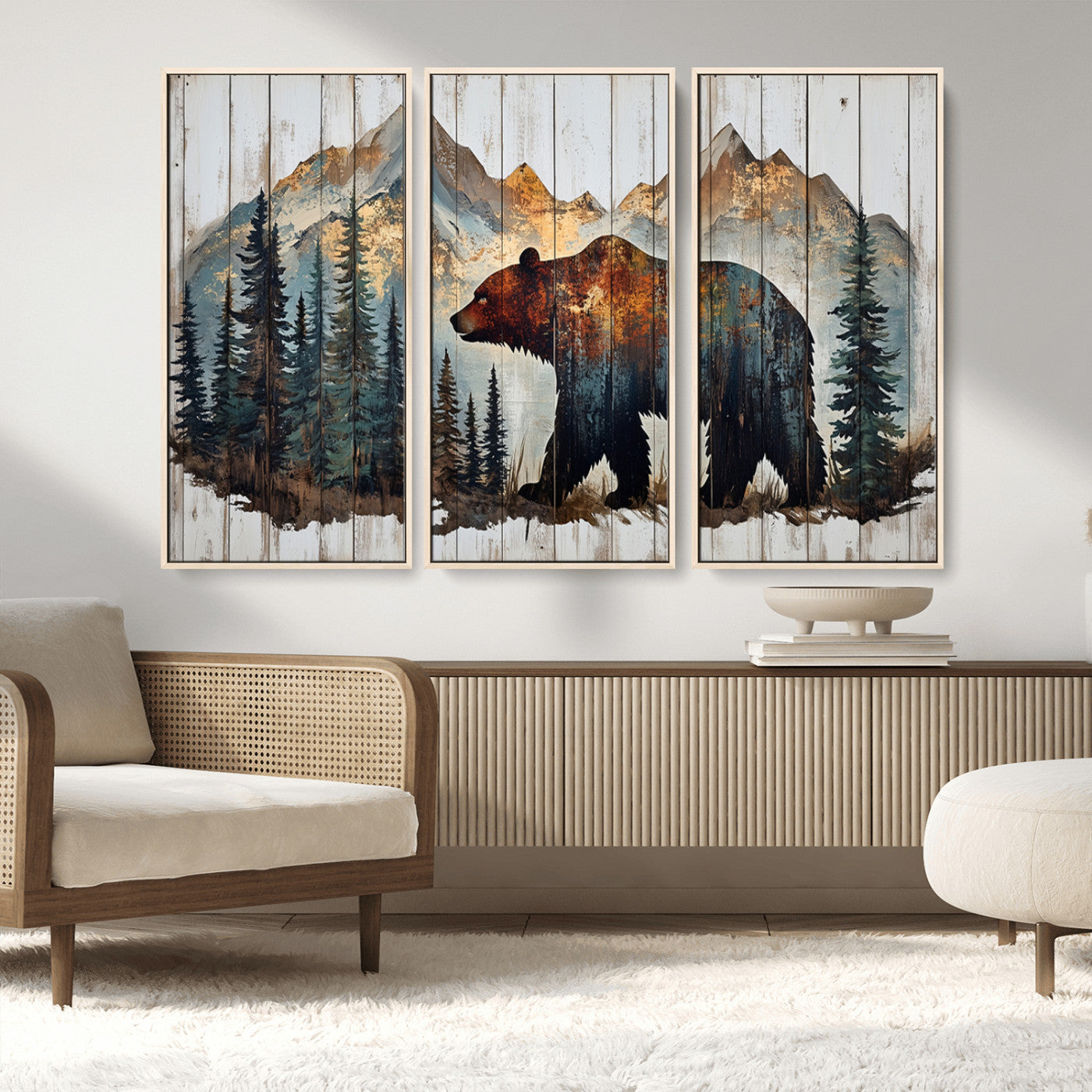 Rustic Grizzly 399 Bear and Mountain Wood Canvas Wall Art -
