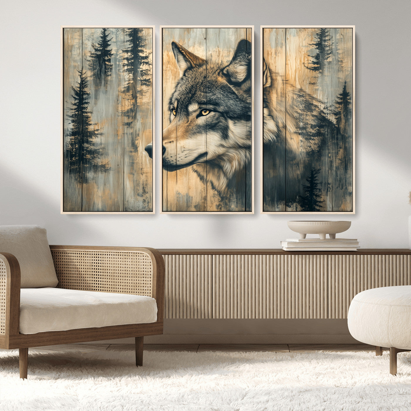 Wood Style Rustic Wolf Wall Art Canvas Print, Vintage