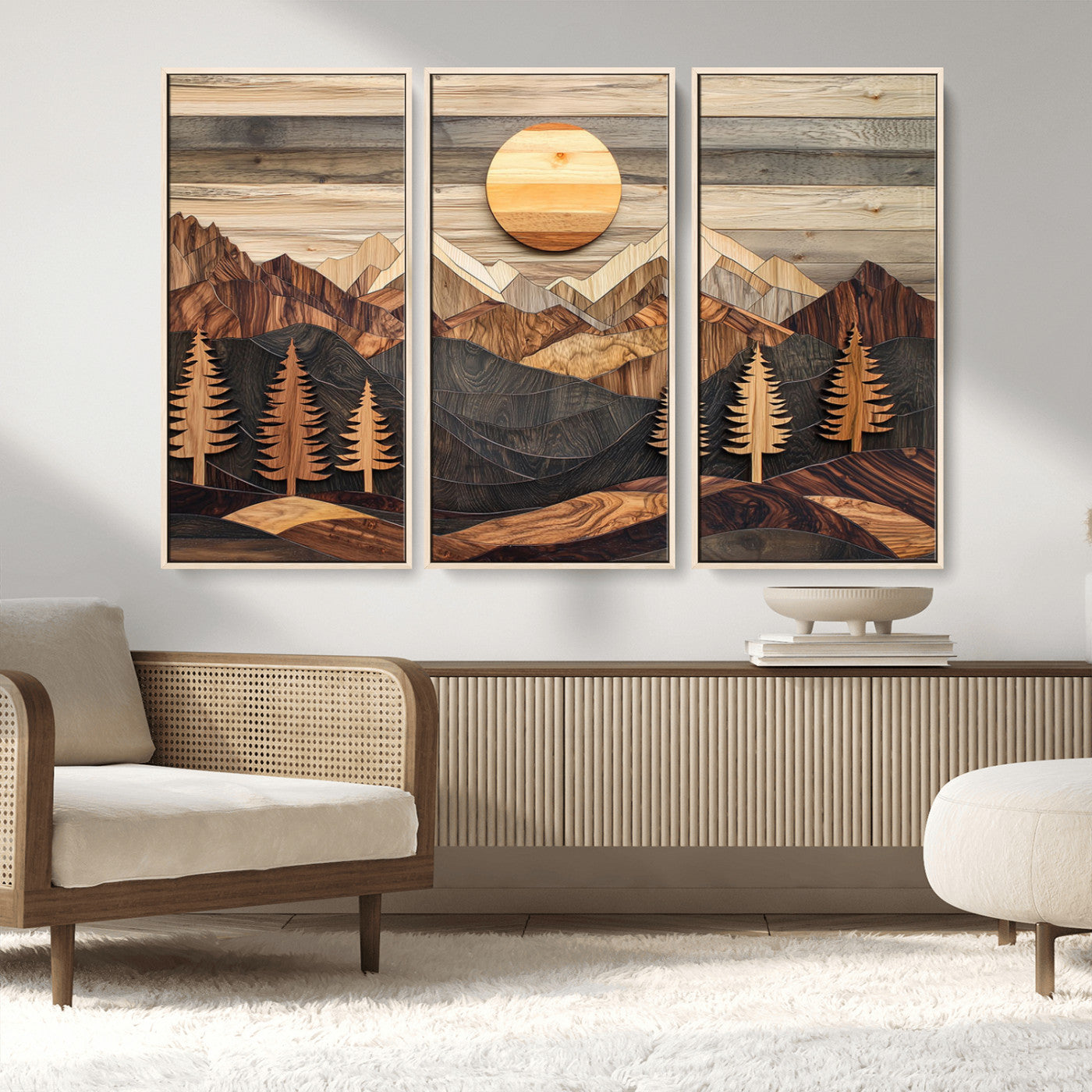 Wooden Mountain Layers Art – Rustic Pine Tree Landscape
