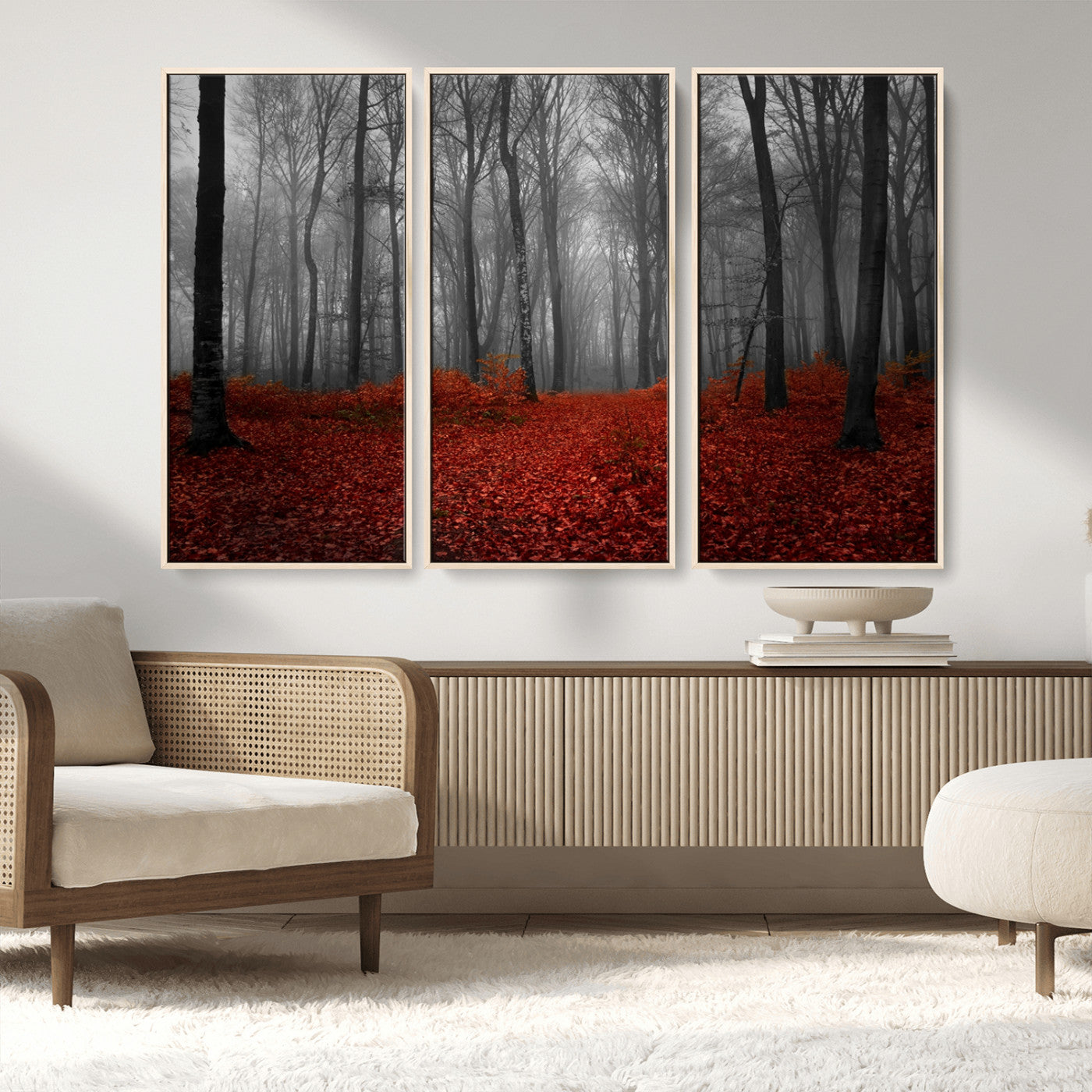 Red Forest Floor Canvas Wall Art – Mystical Foggy Woodland