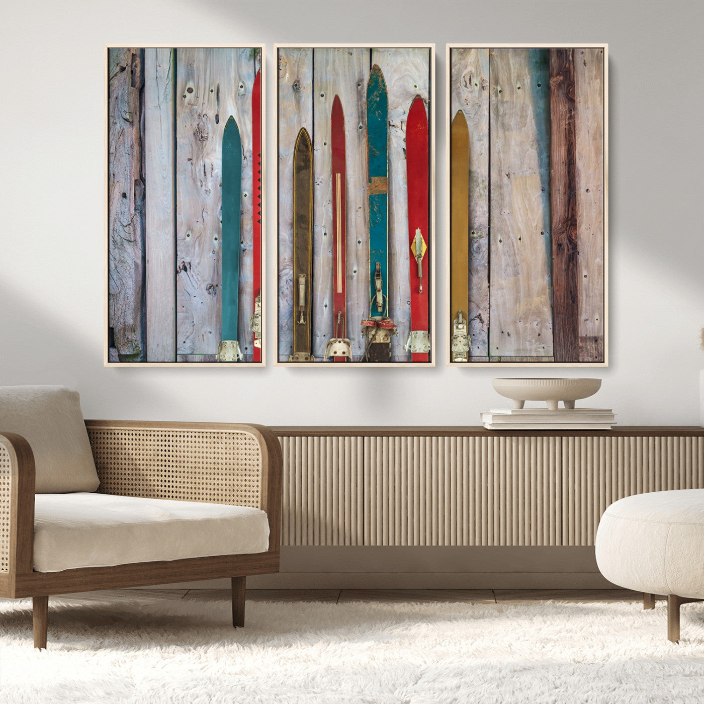 Vintage Wooden Weathered Ski's in Front of an Old Barn Wall