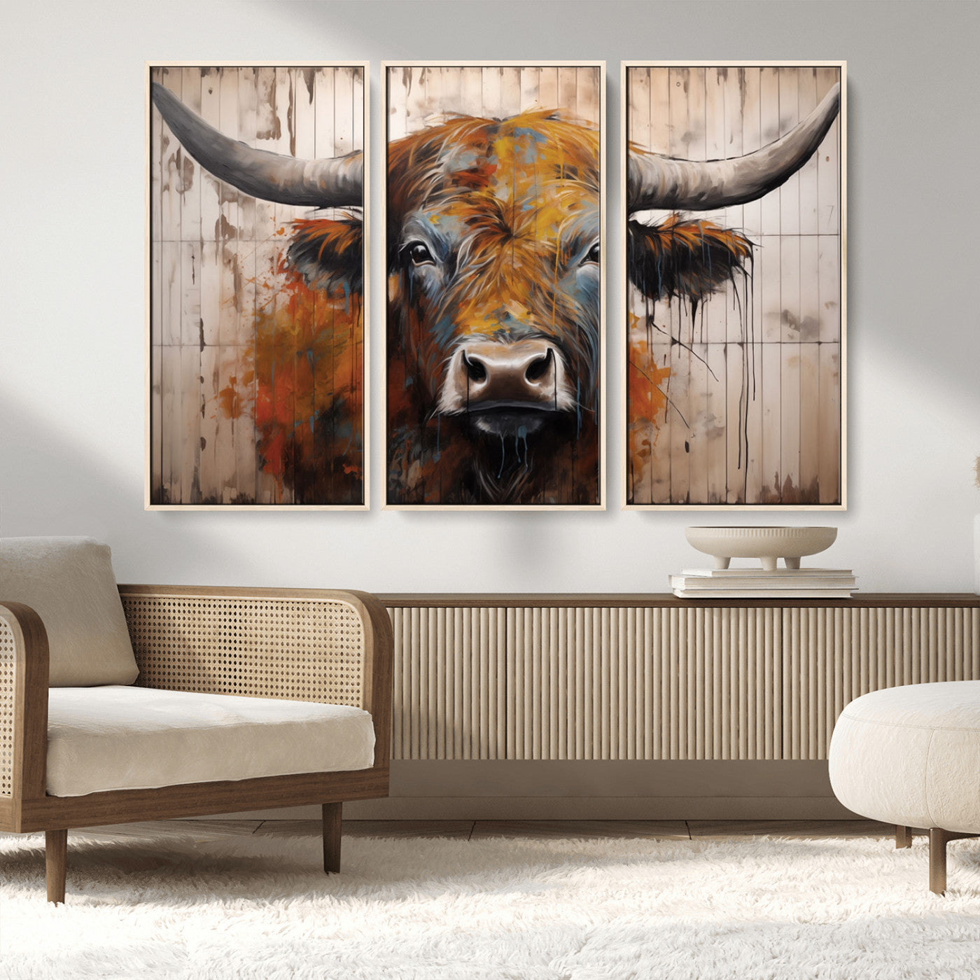 Scottish Highland Cow Cattle Art Print on Wood Style