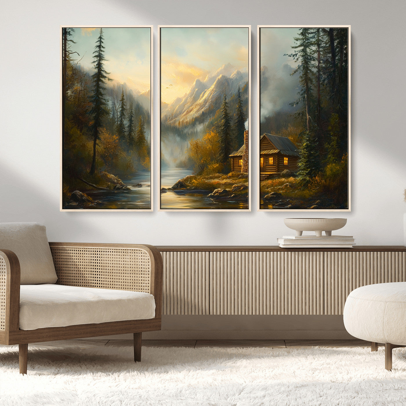 Wood Cabin Retreat Mountain at Sunset Wall Art Print -