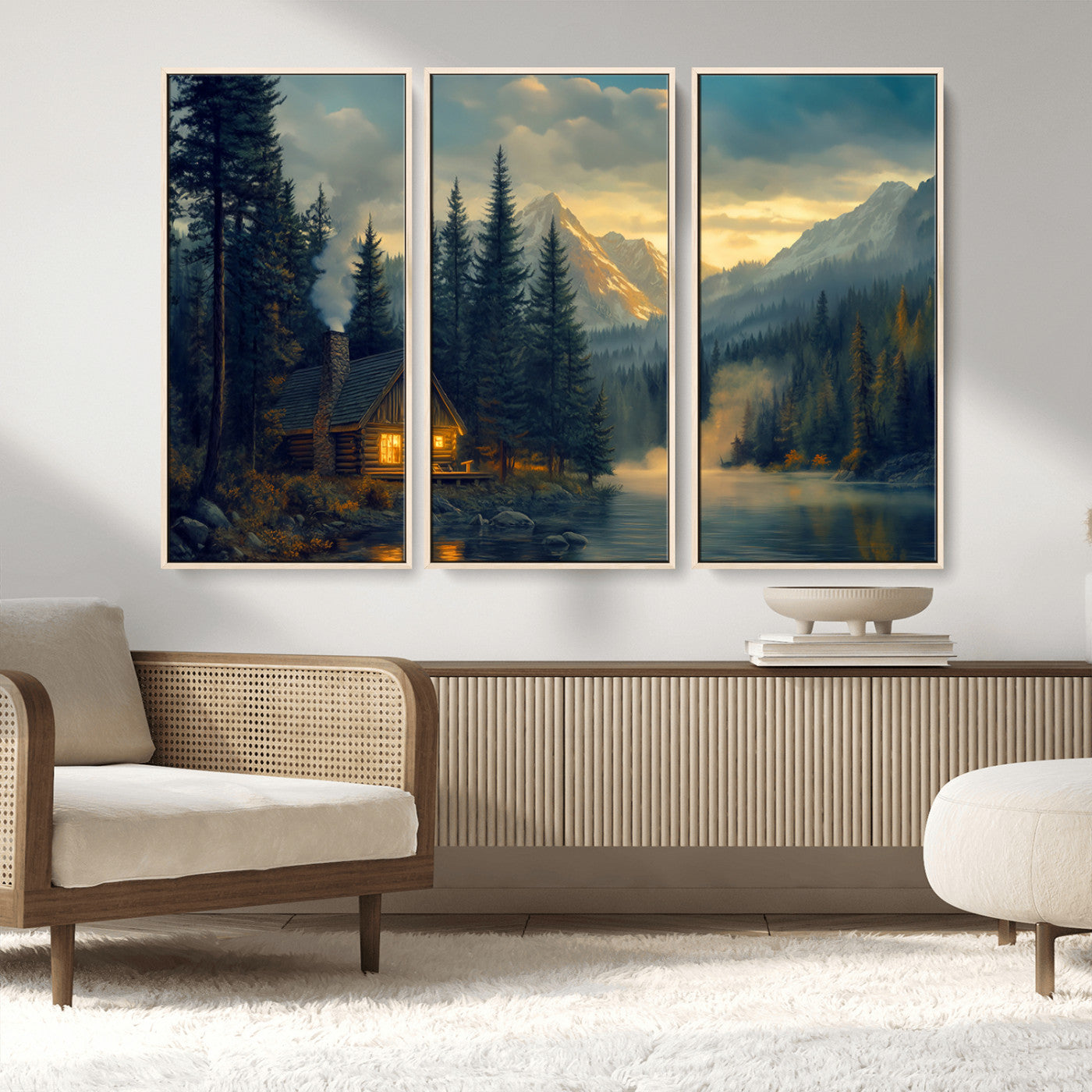 Mountain Cabin by the Lake at Sunset Wall Art - Serene