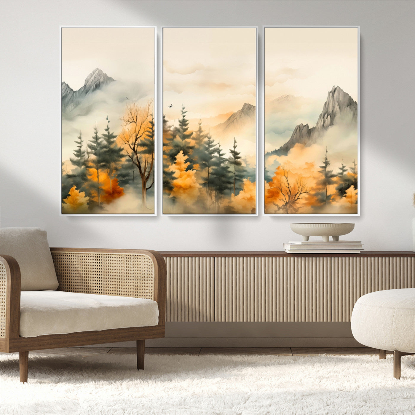 Abstract Watercolor Mountains and Trees Autumn Art,