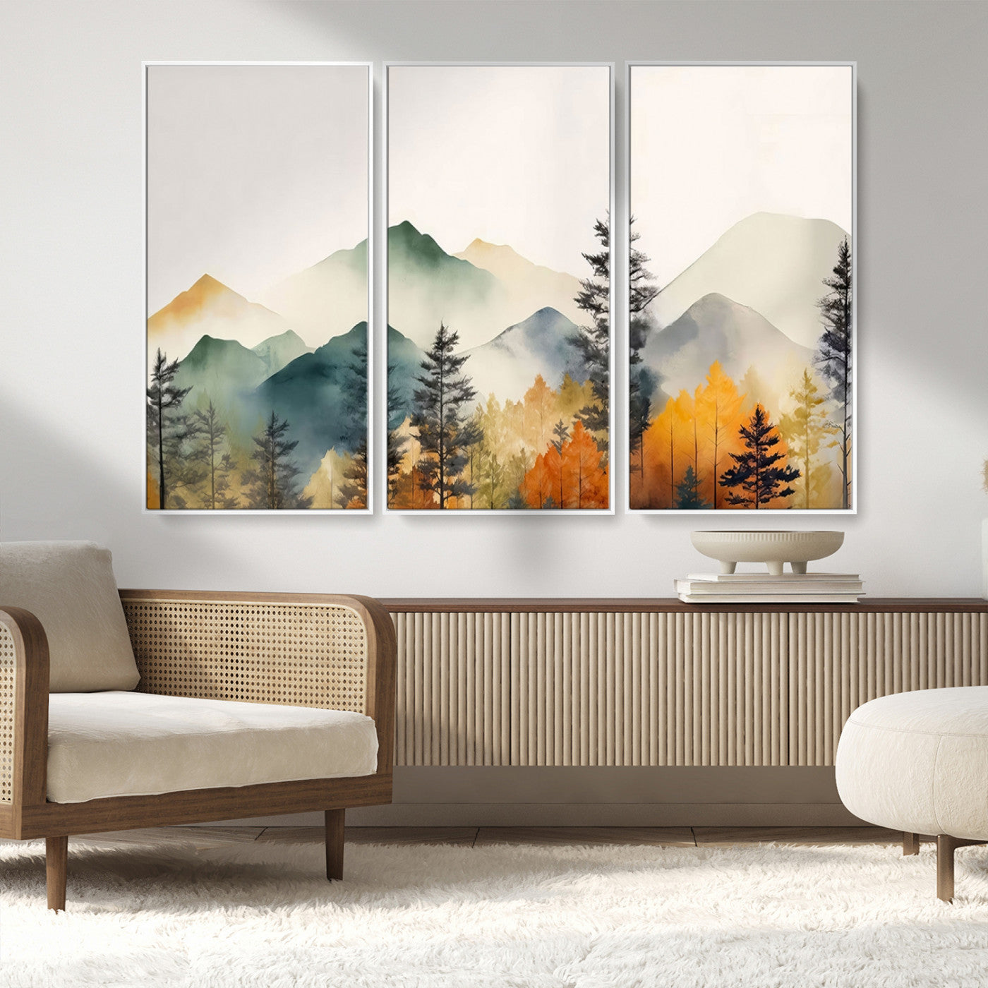 Abstract Watercolor Mountains and Trees Autumn Wall Art,