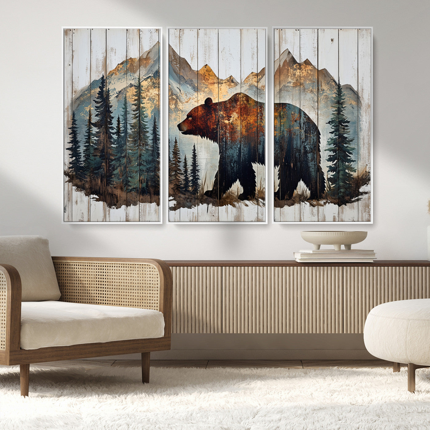 Rustic Grizzly 399 Bear and Mountain Wood Canvas Wall Art -