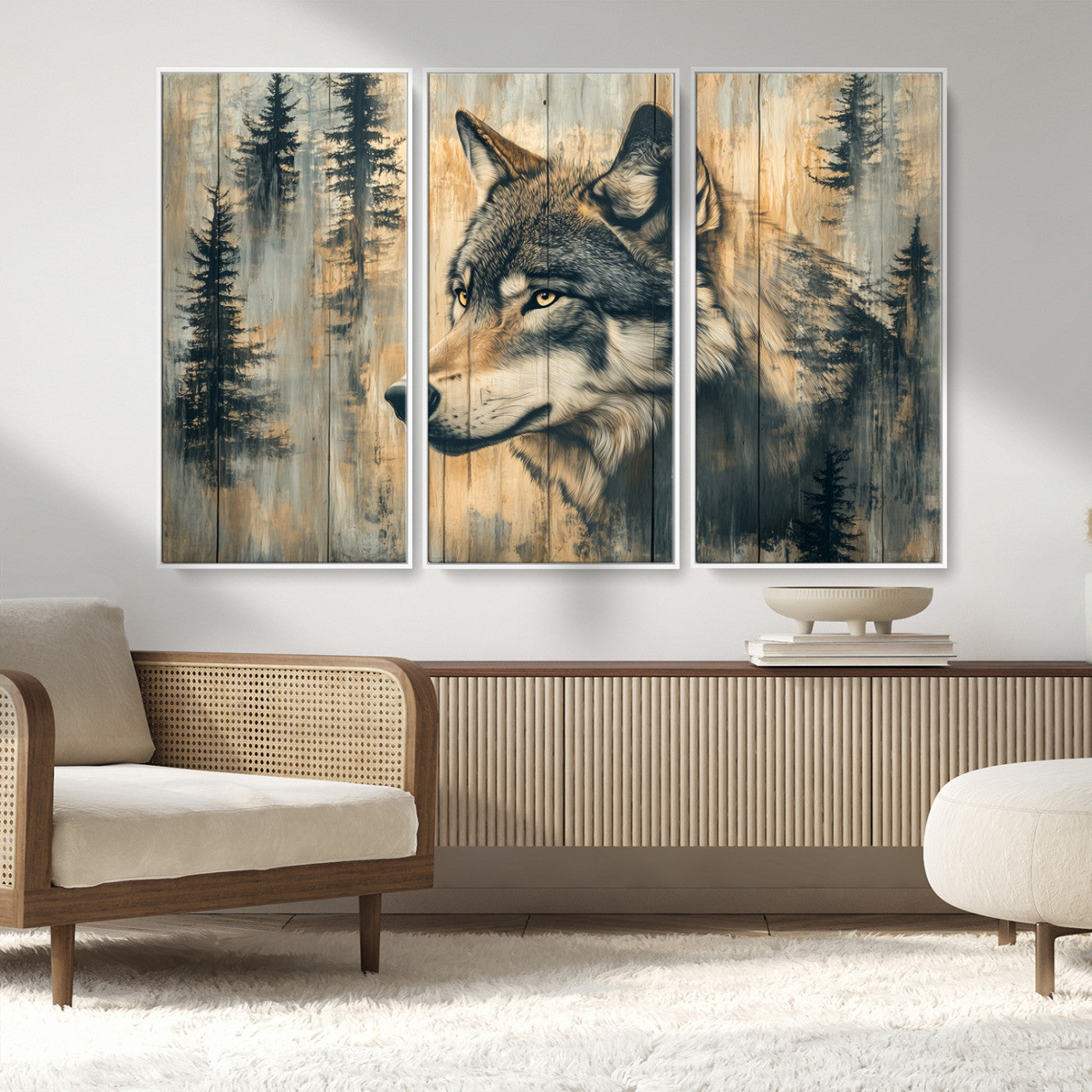 Wood Style Rustic Wolf Wall Art Canvas Print, Vintage