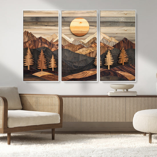 Wooden Mountain Layers Art – Rustic Pine Tree Landscape