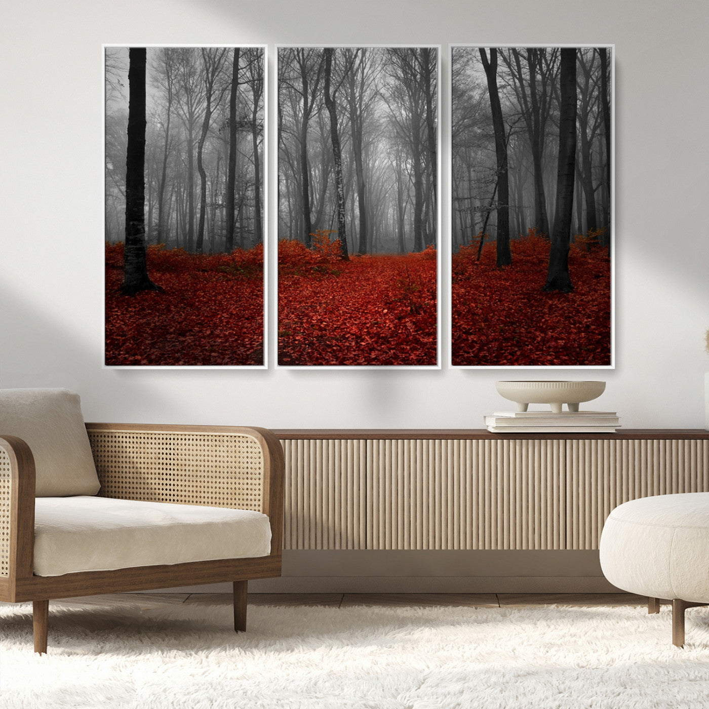 Red Forest Floor Canvas Wall Art – Mystical Foggy Woodland