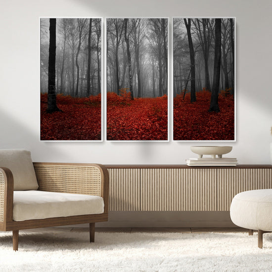 Red Forest Floor Canvas Wall Art – Mystical Foggy Woodland