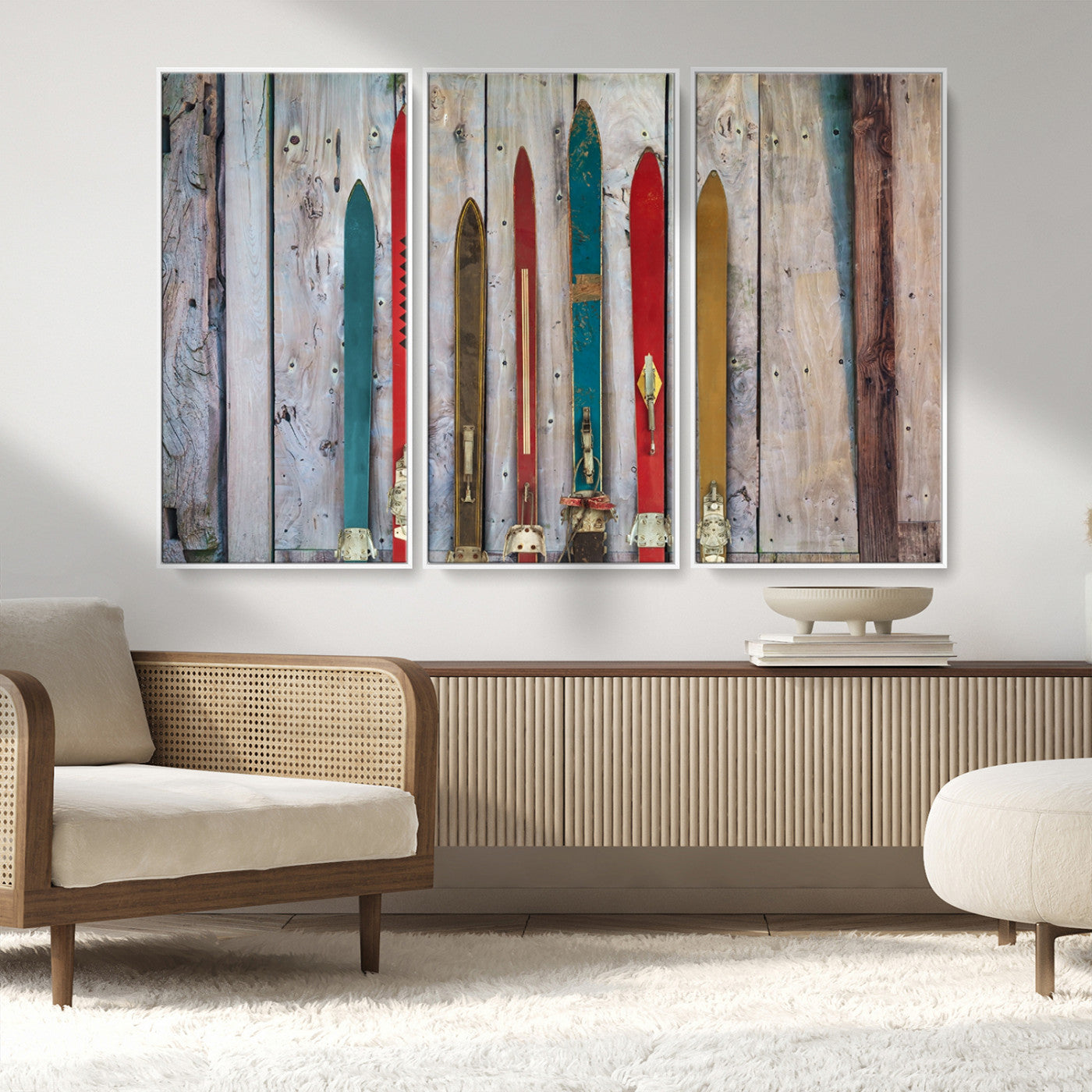 Vintage Wooden Weathered Ski's in Front of an Old Barn Wall