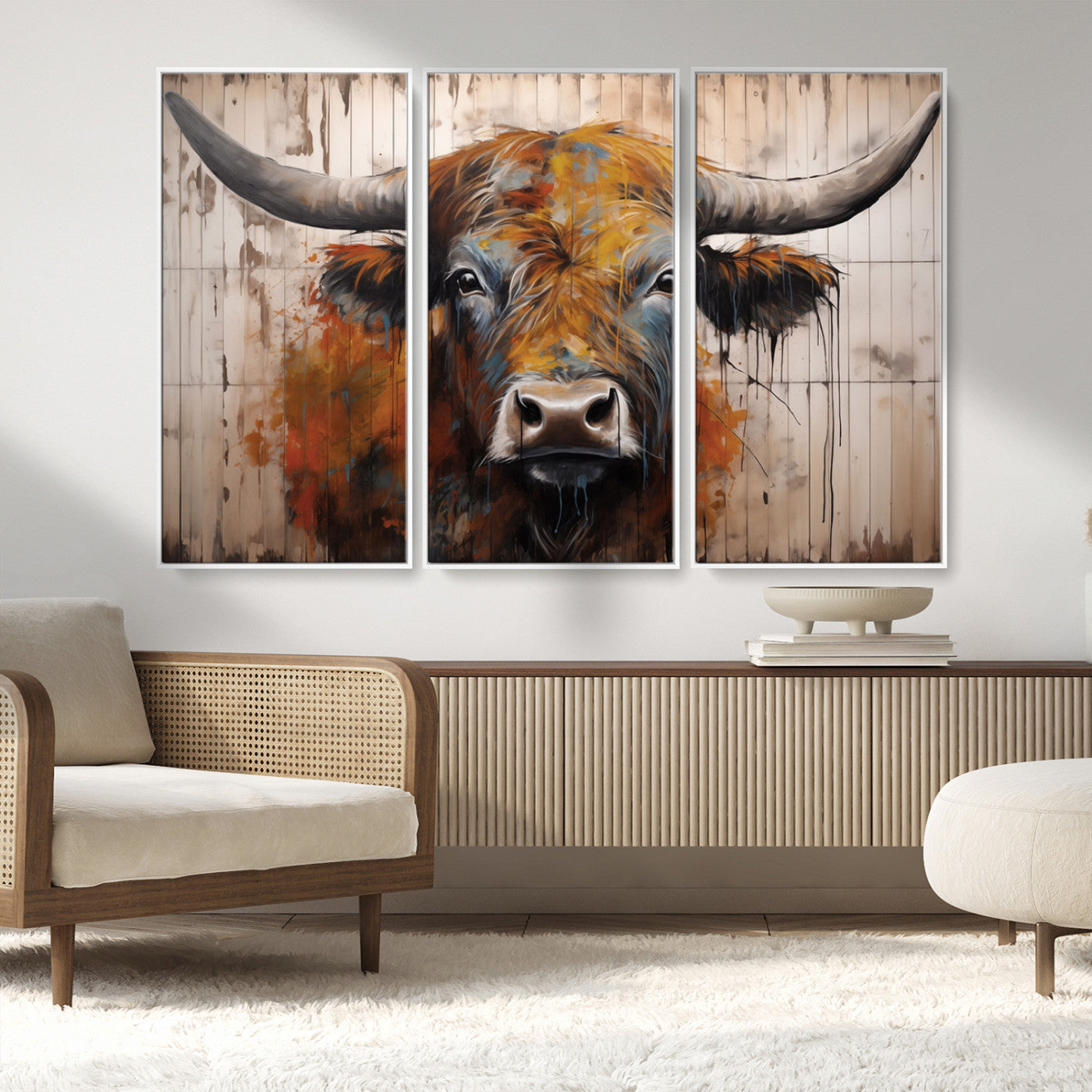 Scottish Highland Cow Cattle Art Print on Wood Style