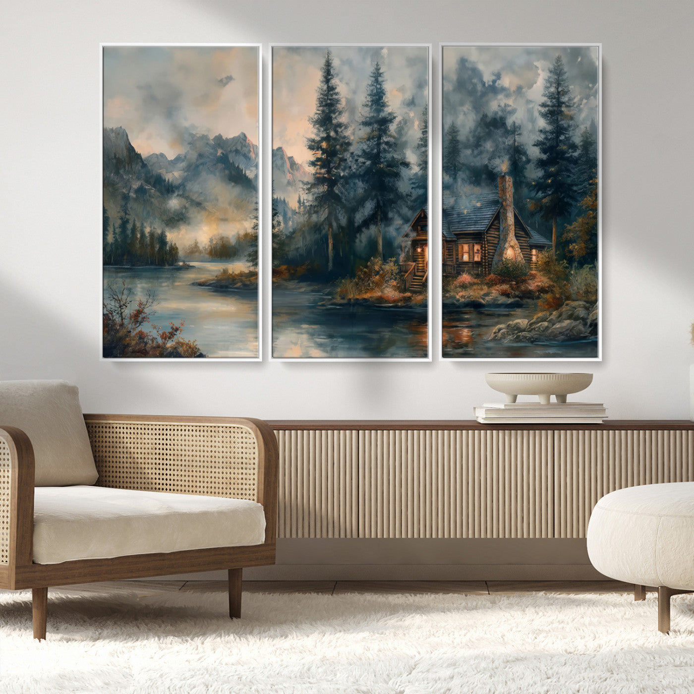 Rustic Cabin Woods Wall Art Print | Lake in a Forest Canvas