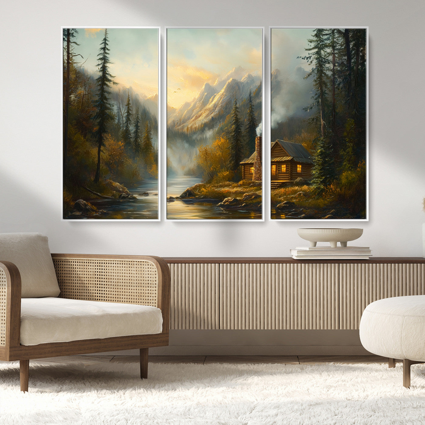 Wood Cabin Retreat Mountain at Sunset Wall Art Print -