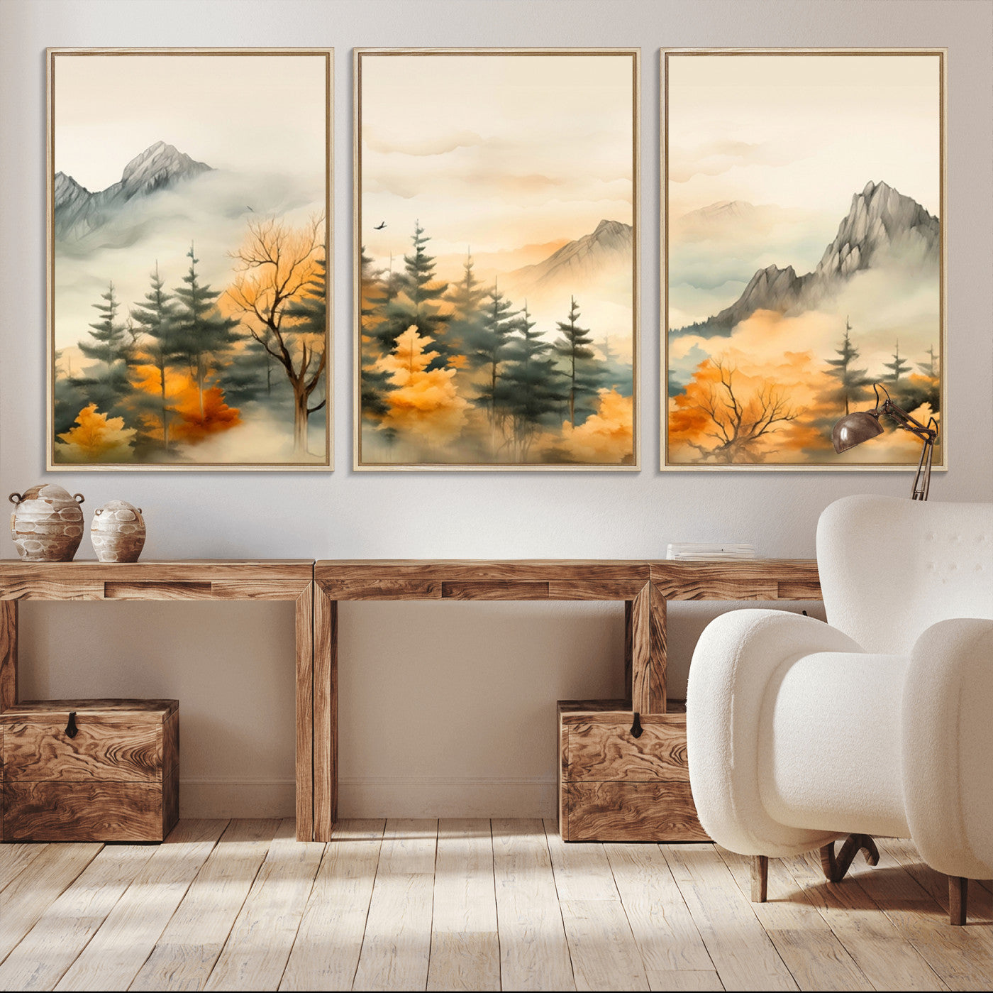Abstract Watercolor Mountains and Trees Autumn Art,
