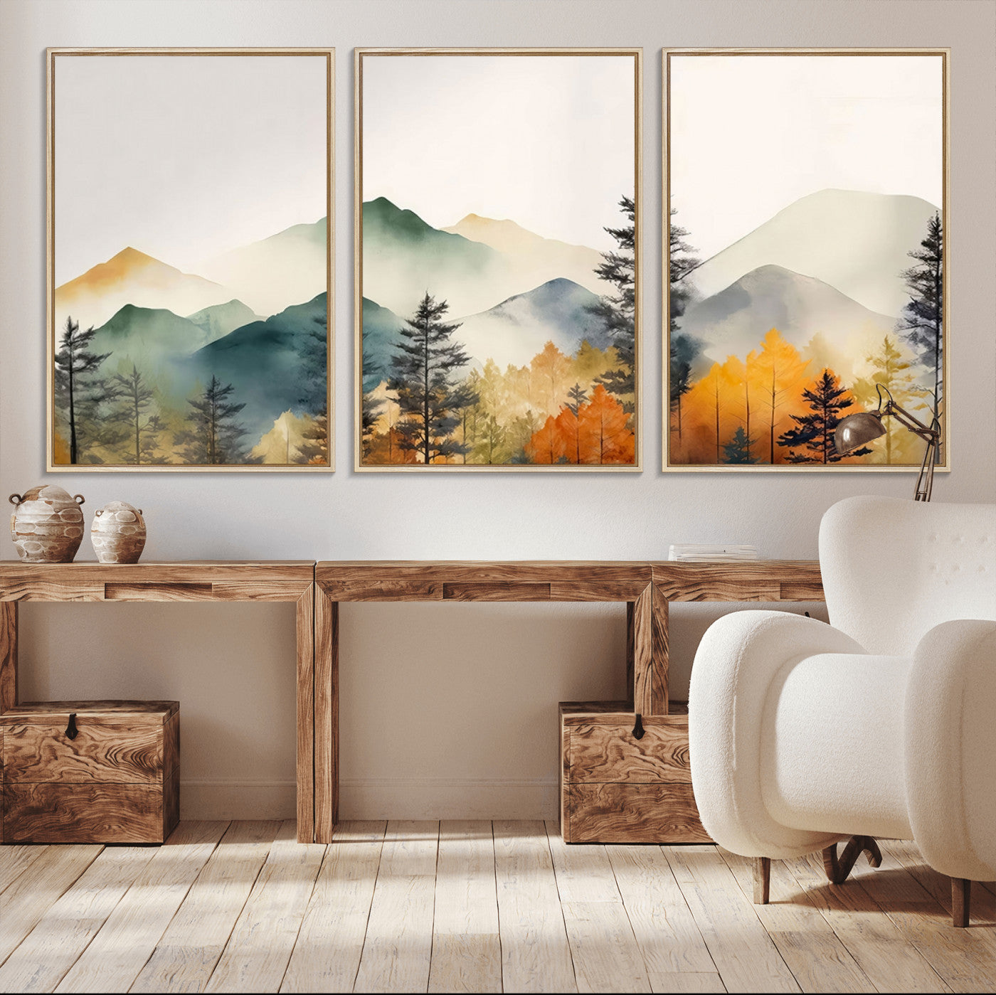 Abstract Watercolor Mountains and Trees Autumn Wall Art,